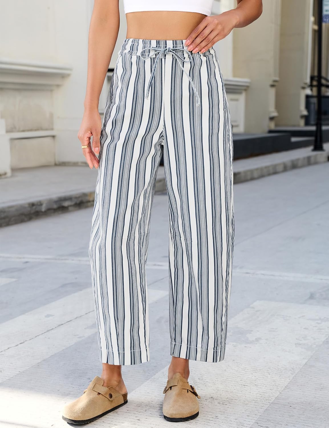 luvamia Barrel Jeans Women Trendy Striped Cropped High Waisted Pull On Elastic Waist Wide Leg Casual Stretch Denim Pants - Image 3