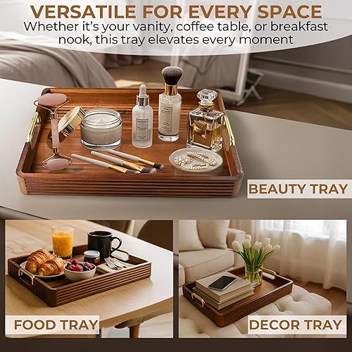 Miniatura 4 de Acacia Wood Serving Tray with Metal Handles, 17x13in, Decorative Coffee Table Tray & Ottoman Tray, Anti-Slip Pads, Dark Wood Tray for Breakfast in