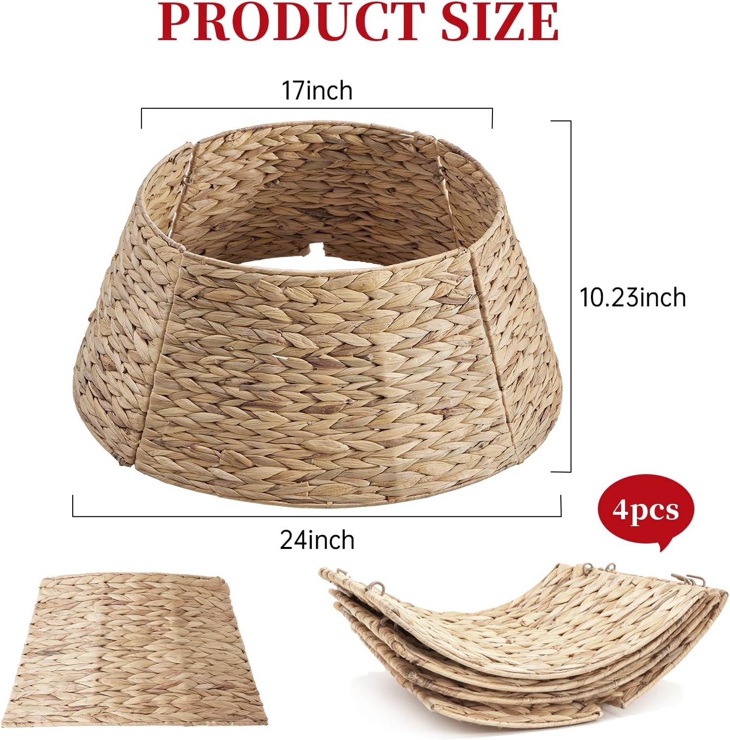 Sweetcrispy 24inch Christmas Tree Collar for 4-7ft Trees, Woven Hyacinth Rattan 4-Panel Collar w/Cord Access Hole & Easy Lock Design,Woven Natural