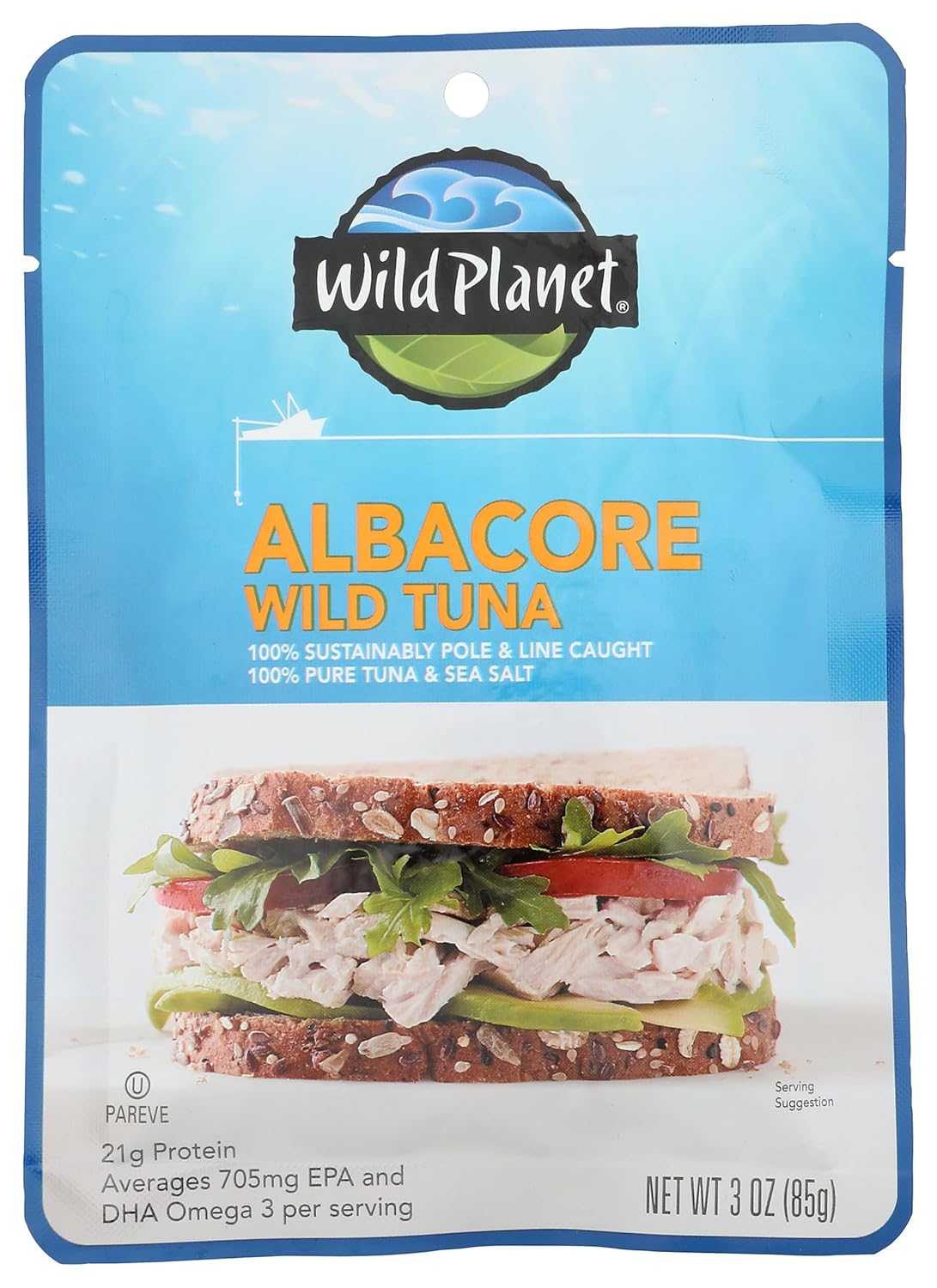Wild Planet Wild Albacore Tuna, Sea Salt, Sustainably Wild-Caught, Kosher, Gluten Free, Keto and Paleo, 3rd Party Mercury Tested, 3 Ounce Pouch (Pack of 4)