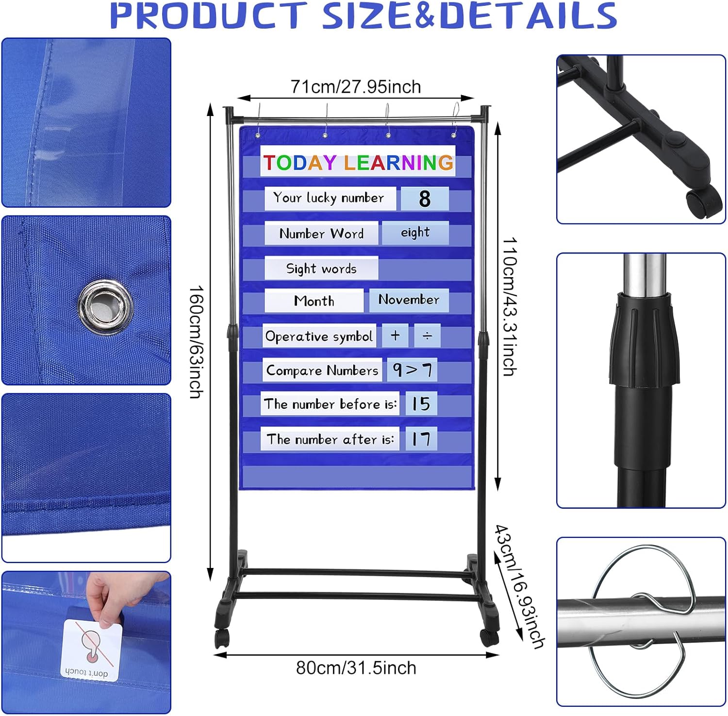 8 pcs adjustable pocket chart stand set include 1 standard pocket chart 6 replacement rings and 1 adjustable stand for classrooms home teacher lessons educational tools(blue)
