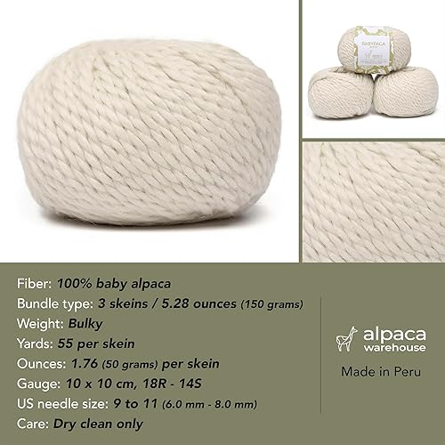 Miniatura 3 de 100% lana de alpaca bebé, peso voluminoso, celestial suave y perfecto para tejer y tejer a ganchillo (blanco alabastro, voluminoso, 3 madejas)