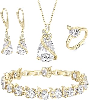 BriLove Jewelry Set for Bride, Sparkling Water Drop Cubic Zirconia Crystal Pendant Necklace Leverback Earrings Tennis Bracelet Adjustable Ring Gift for Wedding/Birthday/Mother's Day/Christmas