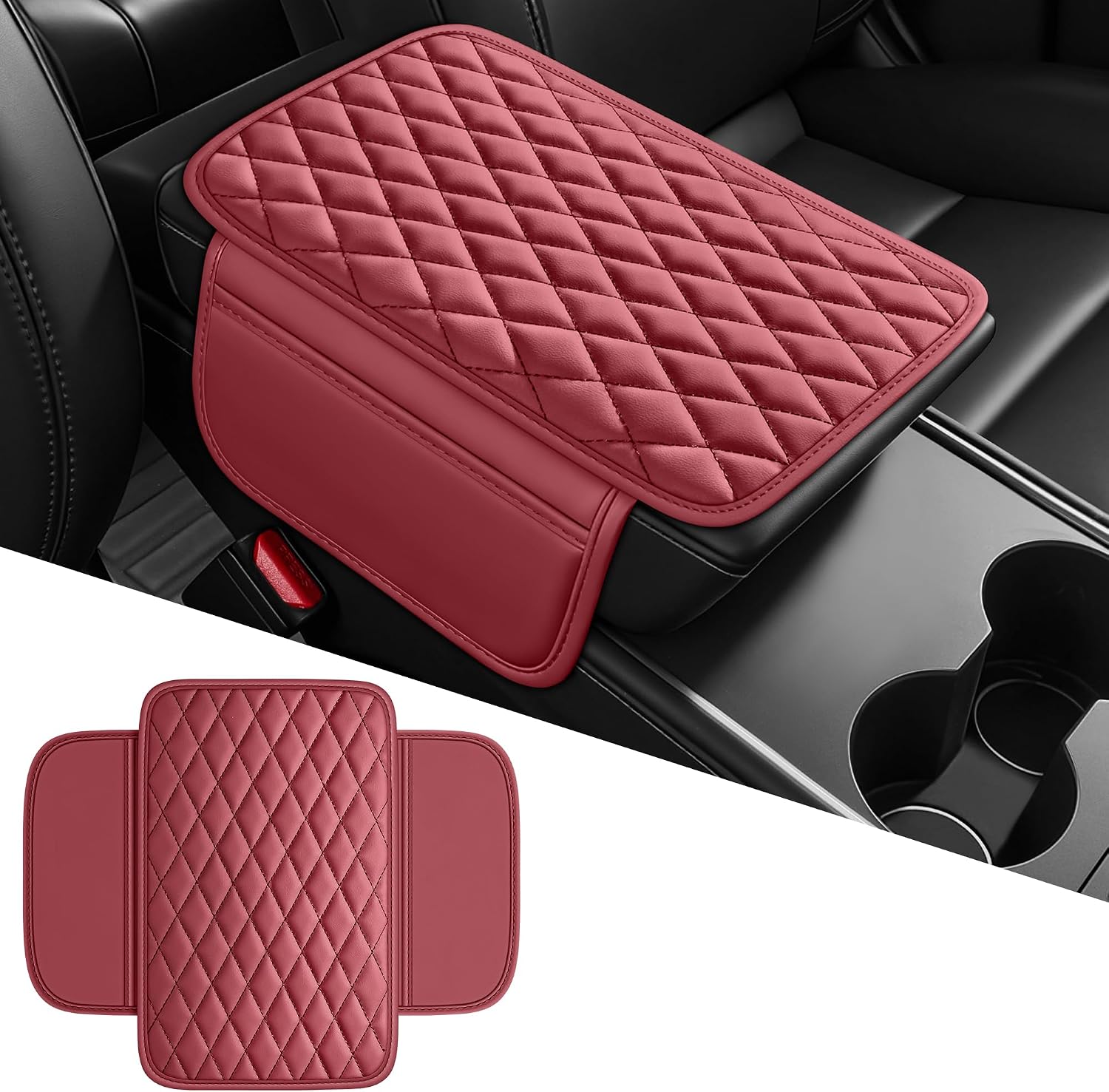 Leather Waterproof Car Armrest Console Pad For Sedans SUV,Burgundy image 2