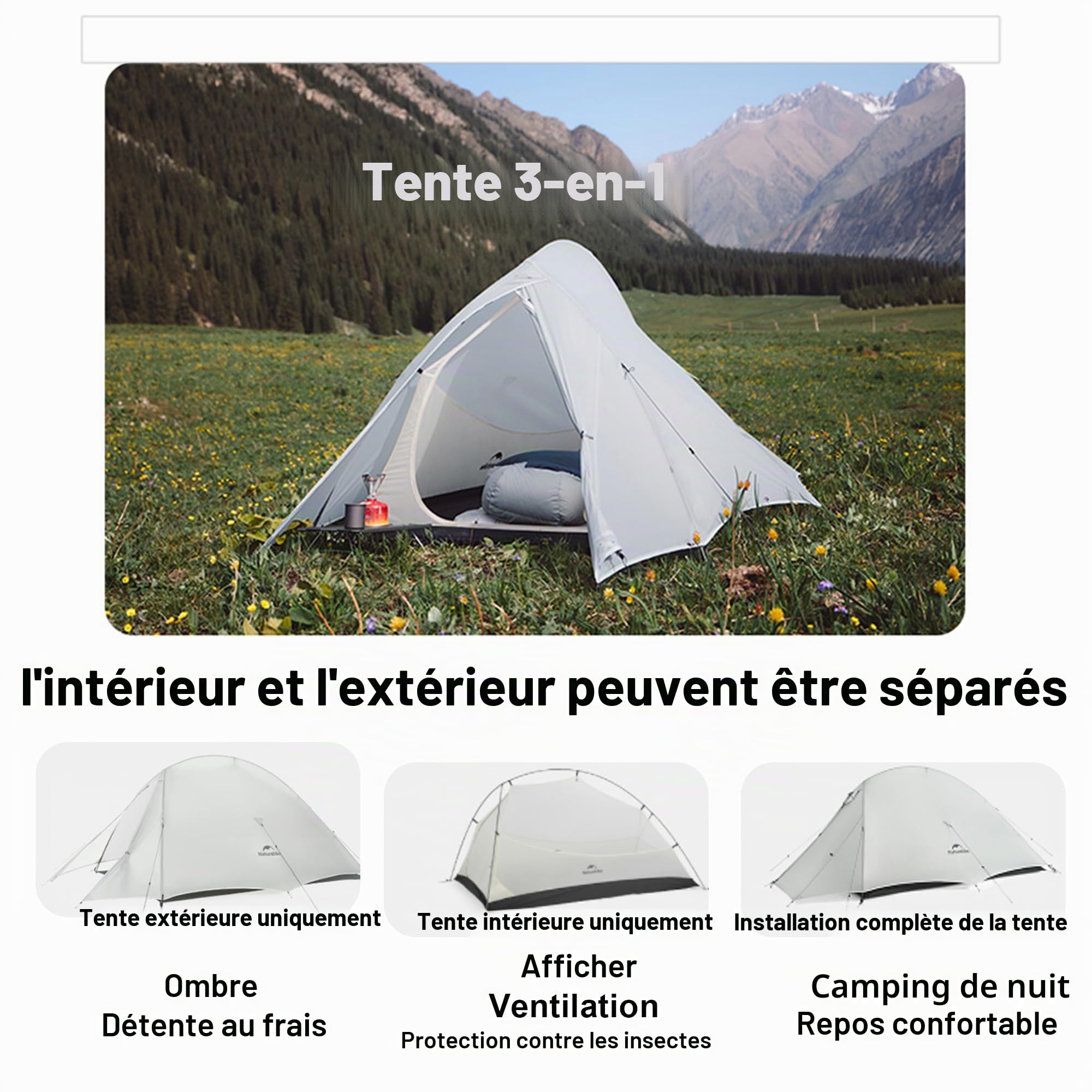 Naturehike Cloud up UL Tente de randonnée ultra légère 1,38 kg avec accessoires Tente pour deux personnes Convient pour la randonnée, le cyclisme, le camping et la randonnée