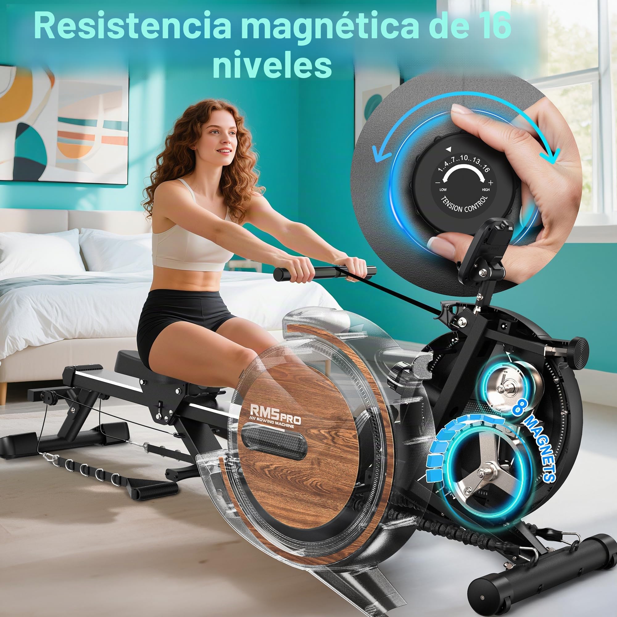 Máquina de Remo Plegable para el Hogar Combinada con Entrenamiento de Fuerza, Máquina de Remo Magnética con Bluetooth y Resistencia Ajustable de 16 Niveles