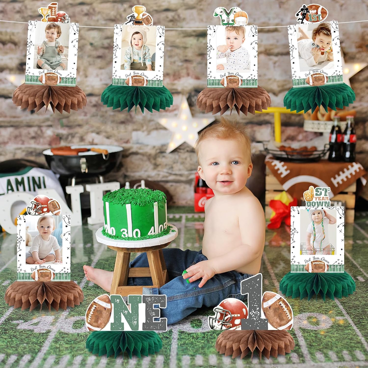 First Year Down Birthday Party Decorations, Football Birthday Party Decorations Honeycomb Centerpieces for Table, Football Photo Table Party Supplies for First Birthday Decorations for Boys