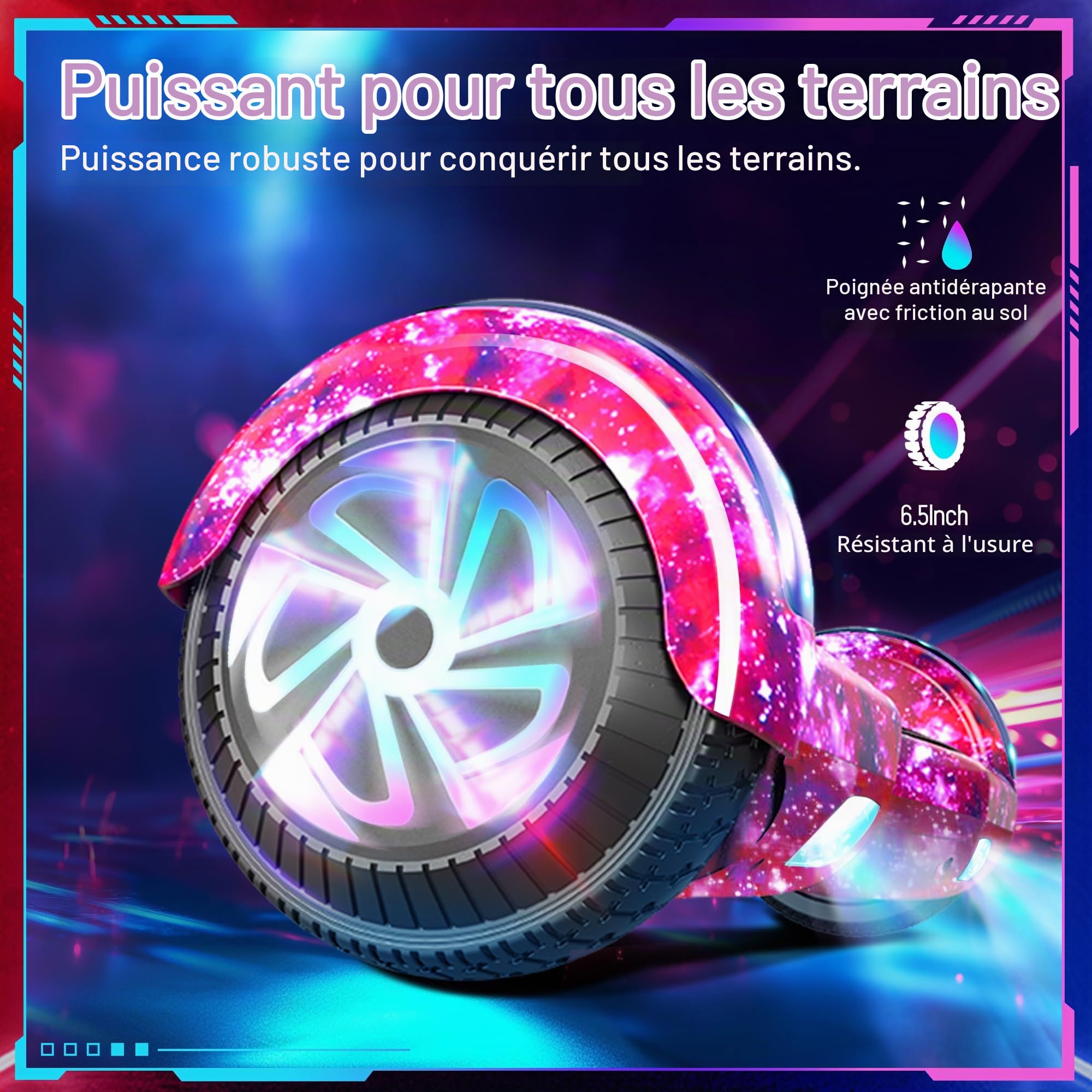 Hoverboard avec lumières LED, roues lumineuses LED, Hoverboard auto-équilibrant avec technologie d'équilibre actif, Ne comprend pas l'hoverkart