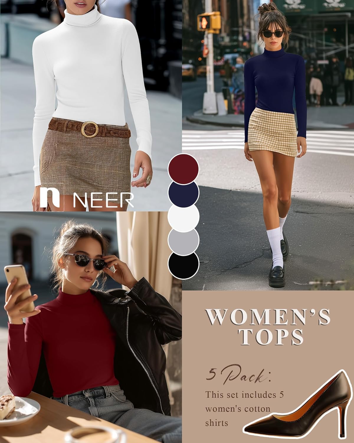 Neer 5 Pack Women's Turtleneck Long Sleeve Tops Basic Thermal Cotton Underwear Base Layer Fall Winter Shirts Multipack - Image 5