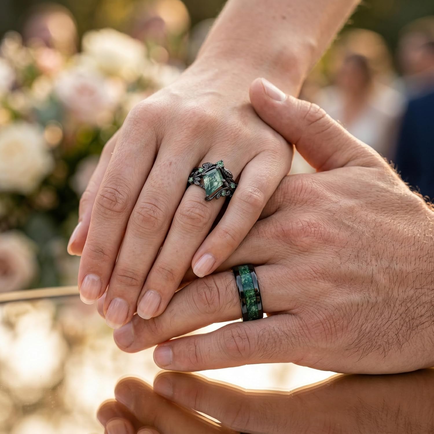 Natural Moss Agate Couple Rings, Dainty Leaf Art Deco Customized Engagement Wedding Promise Ring Set, s925 Sterling Silver Kite Cut/Pear Cut His And Hers Rings 8MM Wedding Band