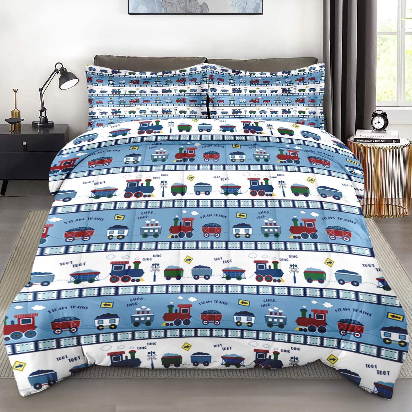 Pamnest Comforter Set Full Size, Cute Cartoon Train Car Soft 3 Pcs Bedding for Kids and Adults, Blue Rail Roads Tracks Comforter Set with 2 Pillowcases for Bedroom Bed Decor
