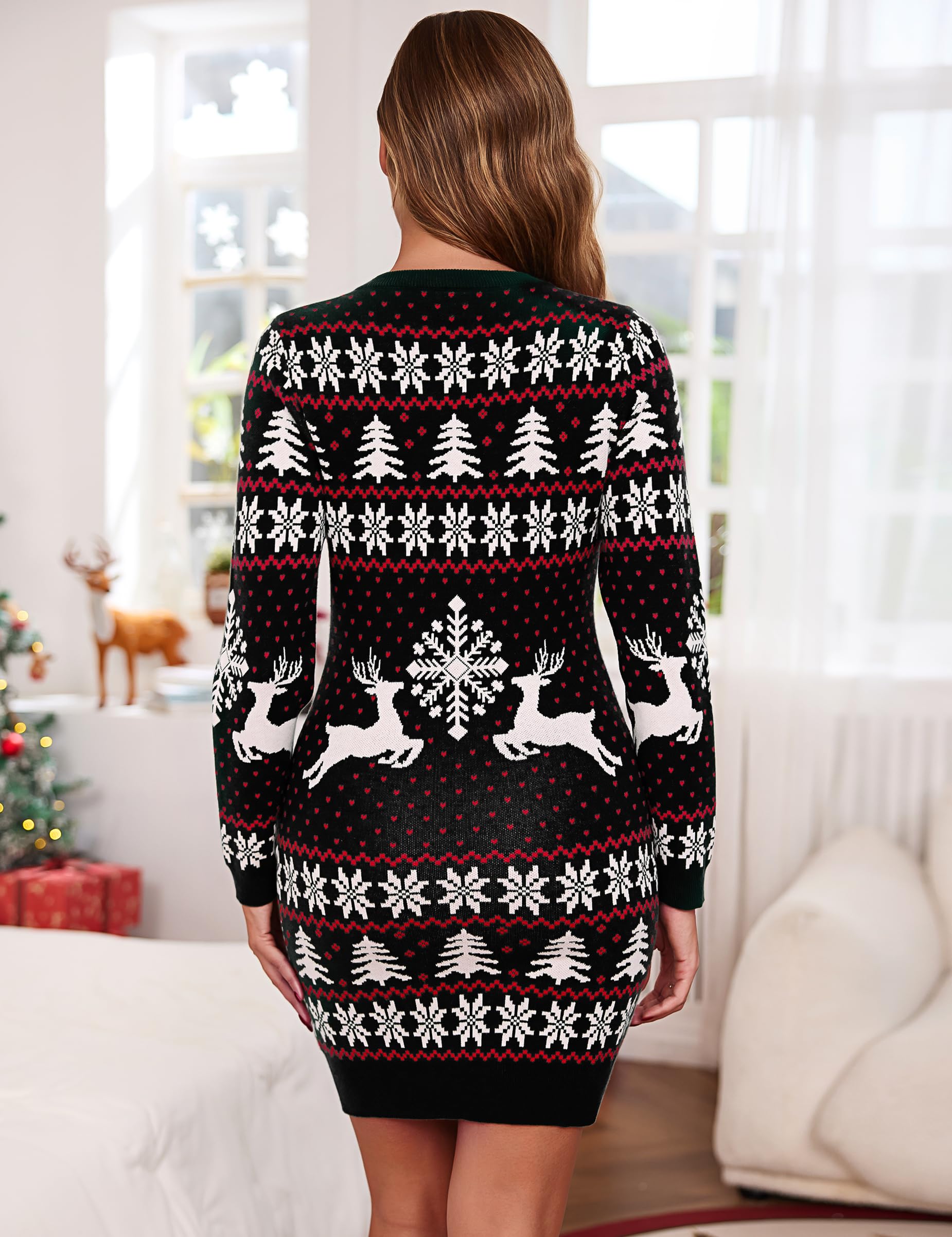 Vestido Navidad Mujer Suéter Largo con Renos y Copos de Nieve Jersey Navideño S-XXL