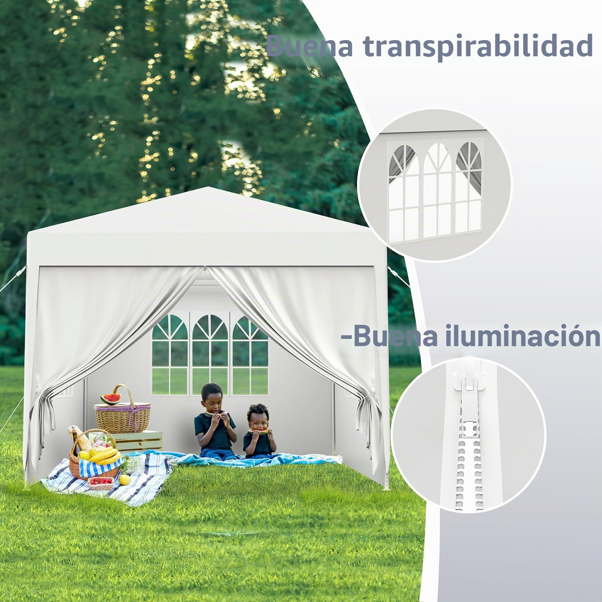 FIVMEN Carpa 3x3m Carpa para Fiestas con Paneles Laterales y Ventanas Pabellón de Jardín Cenador de Poliéster Protección UV Impermeable Gazebo Exterior, Blanco