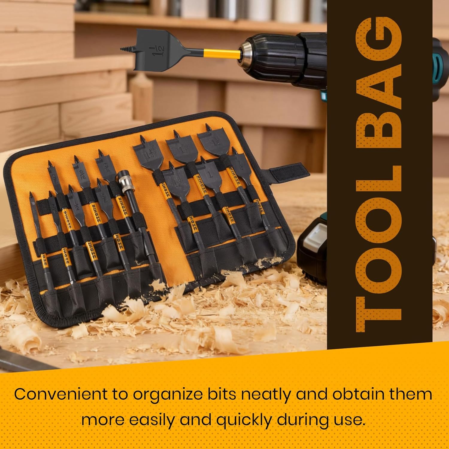 PINOZE 14-Piece Spade Drill Bit Sets with 6“ Quick-Load Extension, Paddle Flat Bit for Hole Cutter Woodworking, 1/4" to 1-1/2", Self-Feeding Threaded Tip, 1/4 inch Hex Shank, Storage Pouch Included