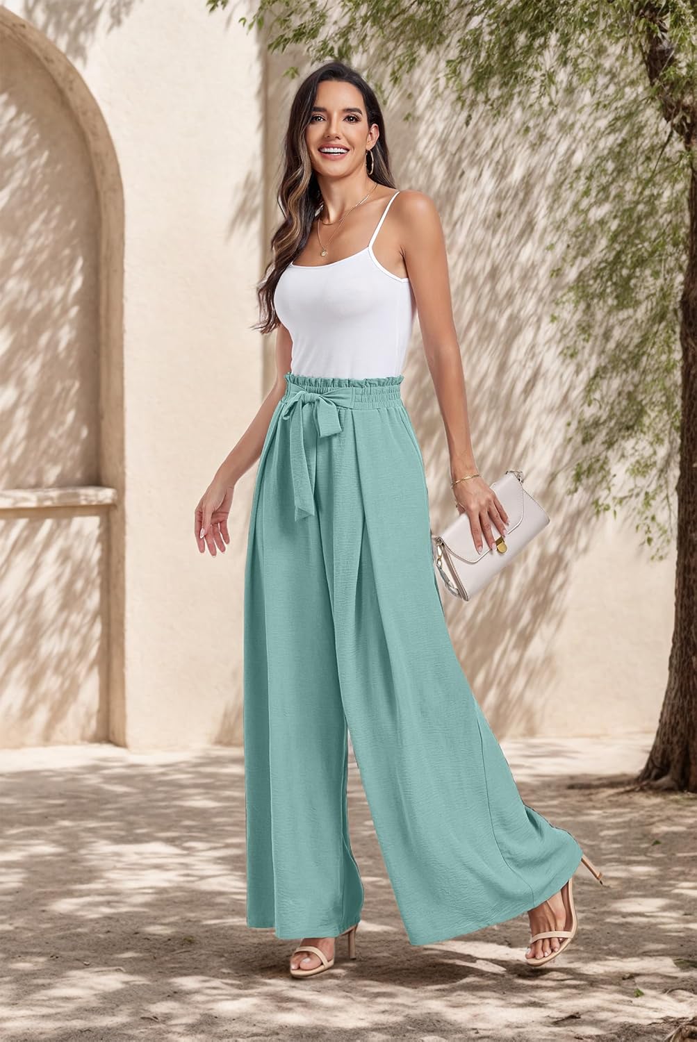 Lepunuo Wide Leg Pants for Women High Waisted Palazzo Pants Work Casual Flowy Tie Knot Trousers with Pockets - Image 2