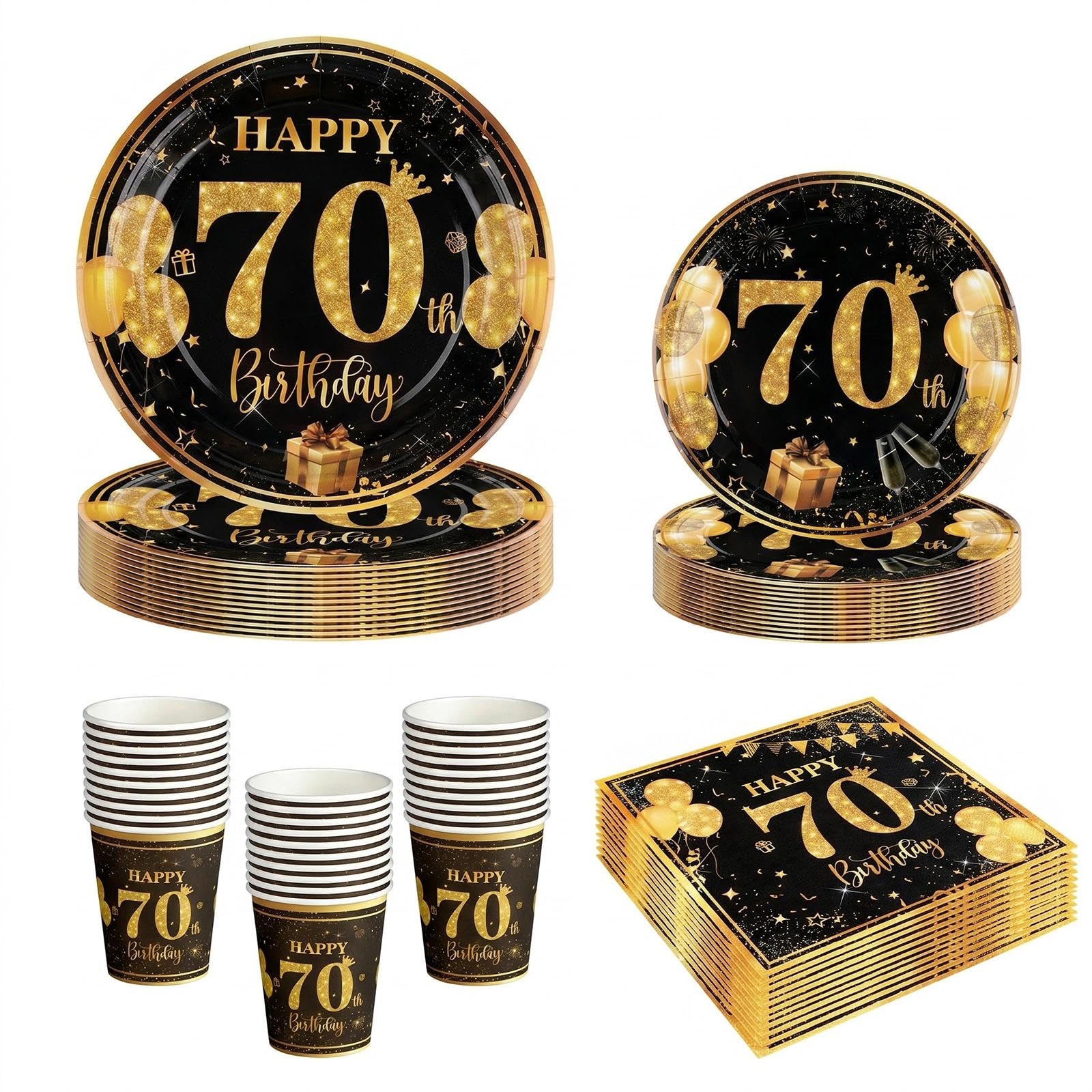 68Pcs 70th Birthday Party Plates Cups and Napkins, Black Gold 70th Birthday Decorations, 7" and 9" Disposable Paper Plates, Disposable Party Tableware Set Serves 16 Guests for Men Him Women Her