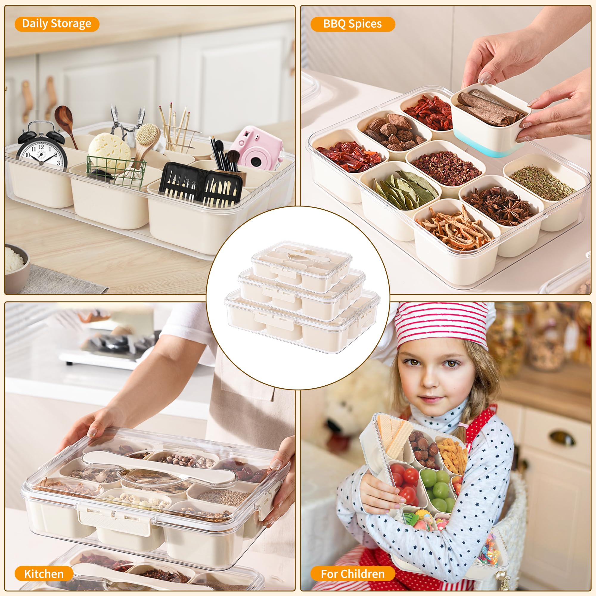 VIDONIO Bandeja dividida para servir con tapa y asa, organizador portátil de 9 compartimentos, caja de conservación fresca para caramelos, frutas, frutos secos, especias, charcutería, contenedor para