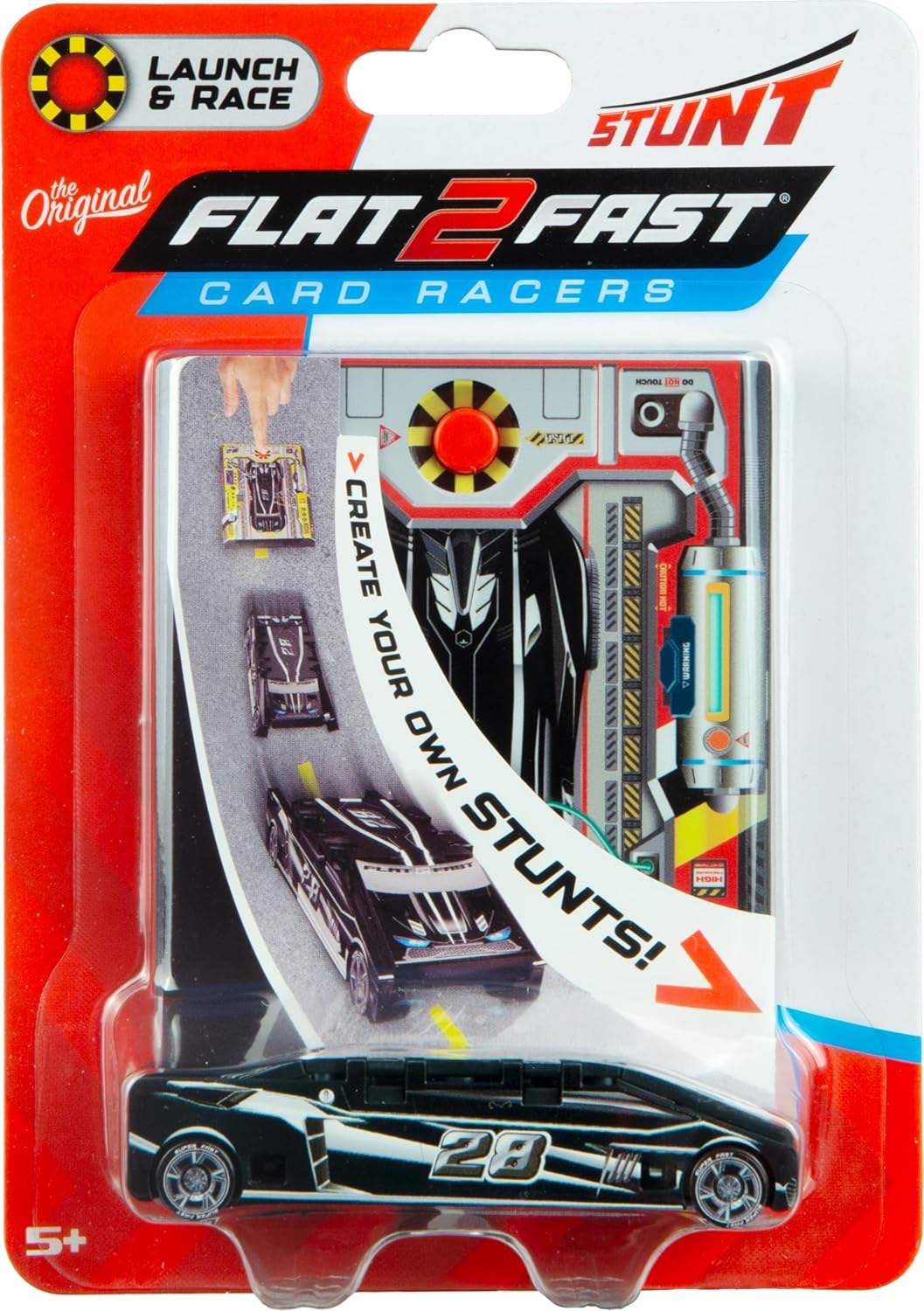 FLAT 2 FAST Original Stunt Card Racer – Flat Car Racer and Pocket Size Racecar Launcher with Built-in Button for Stunt Launching and Racing – Compact – Jet Black