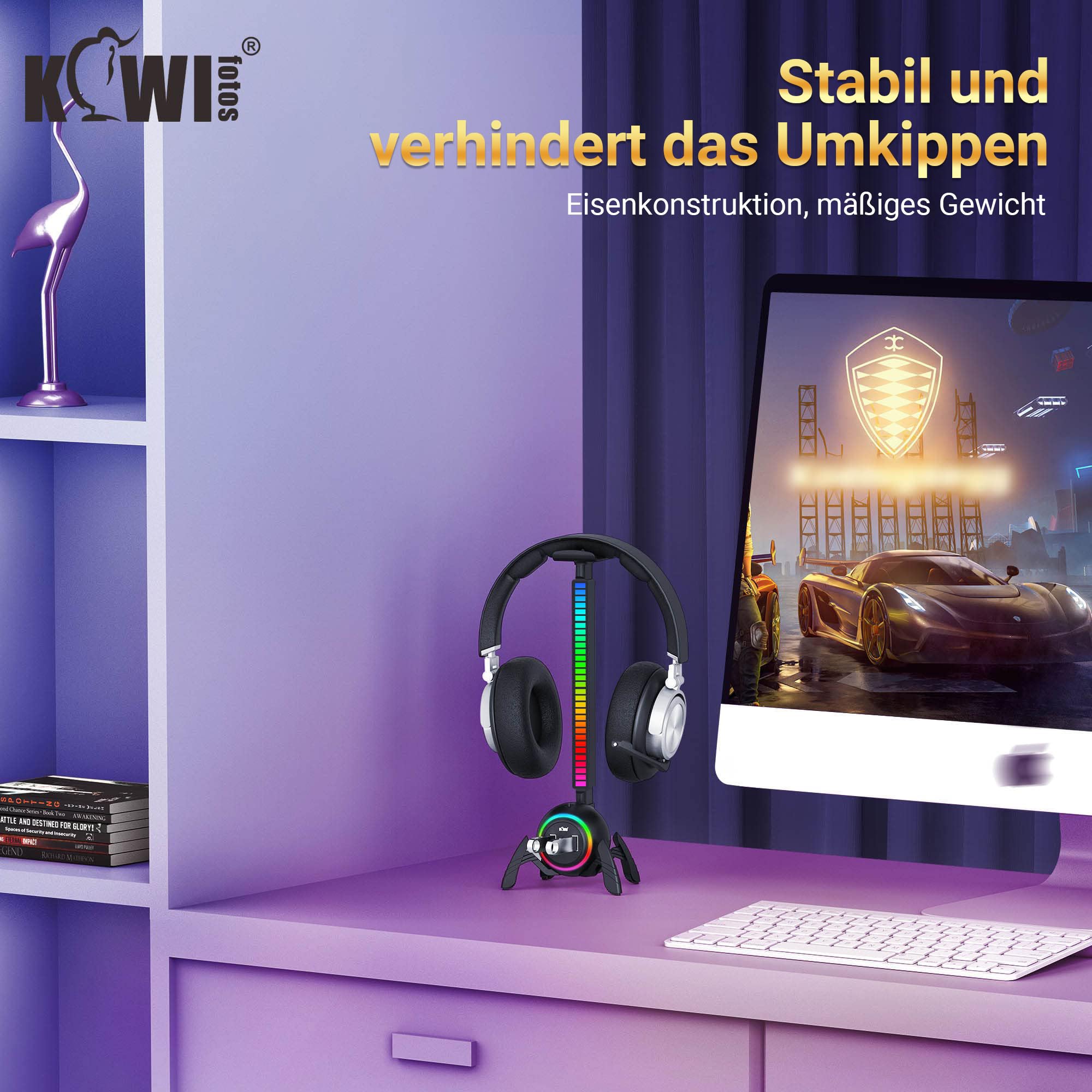 KIWIFOTOS Stojak na słuchawki z koncentratorem USB, stojak na słuchawki RGB z antypoślizgową podstawą, antypoślizgowa podstawa, akcesoria do gier komputerowych, odpowiednie do gier stołowych na biurko
