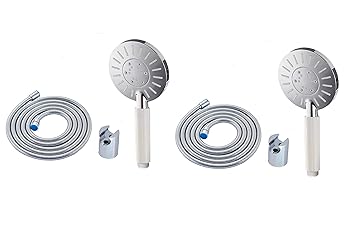 ANMEX Adjustable White Rain Spray Hand Shower with 1mtr SS Shower Tube and Wall Hook-(Pack of 2) (Chrome Finish)