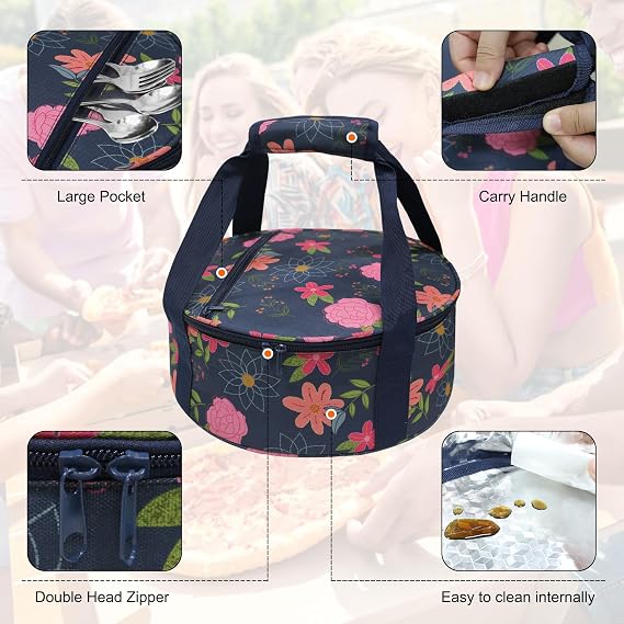 Round Insulated Casserole Carrier, Leakproof Thermal Food Carrier for Hot Cold Food, Portable Potluck Picnic Bag with Padded Handle (Blue Floral)