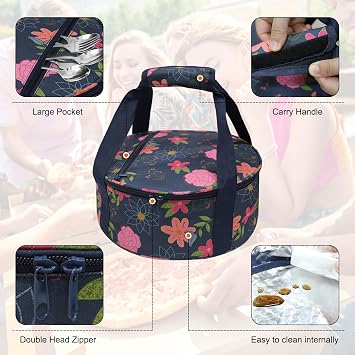 Round Insulated Casserole Carrier, Leakproof Thermal Food Carrier for Hot Cold Food, Portable Potluck Picnic Bag with Padded Handle (Blue Floral)
