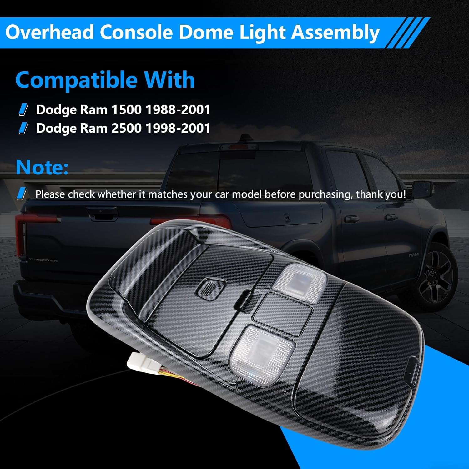 Overhead Console Dome Light Assembly Compatible with Dodge Ram 1500 2500 1998-2001 Replace 55350657 SN96TL2AA (Carbon Fibre)