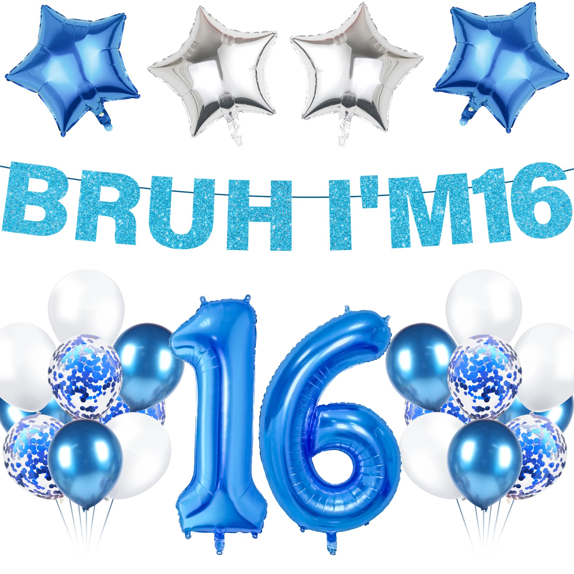 LPPIIUSSU 16th Birthday Decorations Balloon Boys - 19 Pcs Blue Bruh I'M 16 Glitter Banner Number 16 Foil Latex Balloons Party Decoration for Girls 16 Years Old Birthday Celebration Decor Supplies
