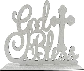 God Bless Wooden Table Centerpiece First Communion Baptism Decorations Decor Party Children Birthday Religious Party Centerpiece - 4 PCS (Silver/Glitter)