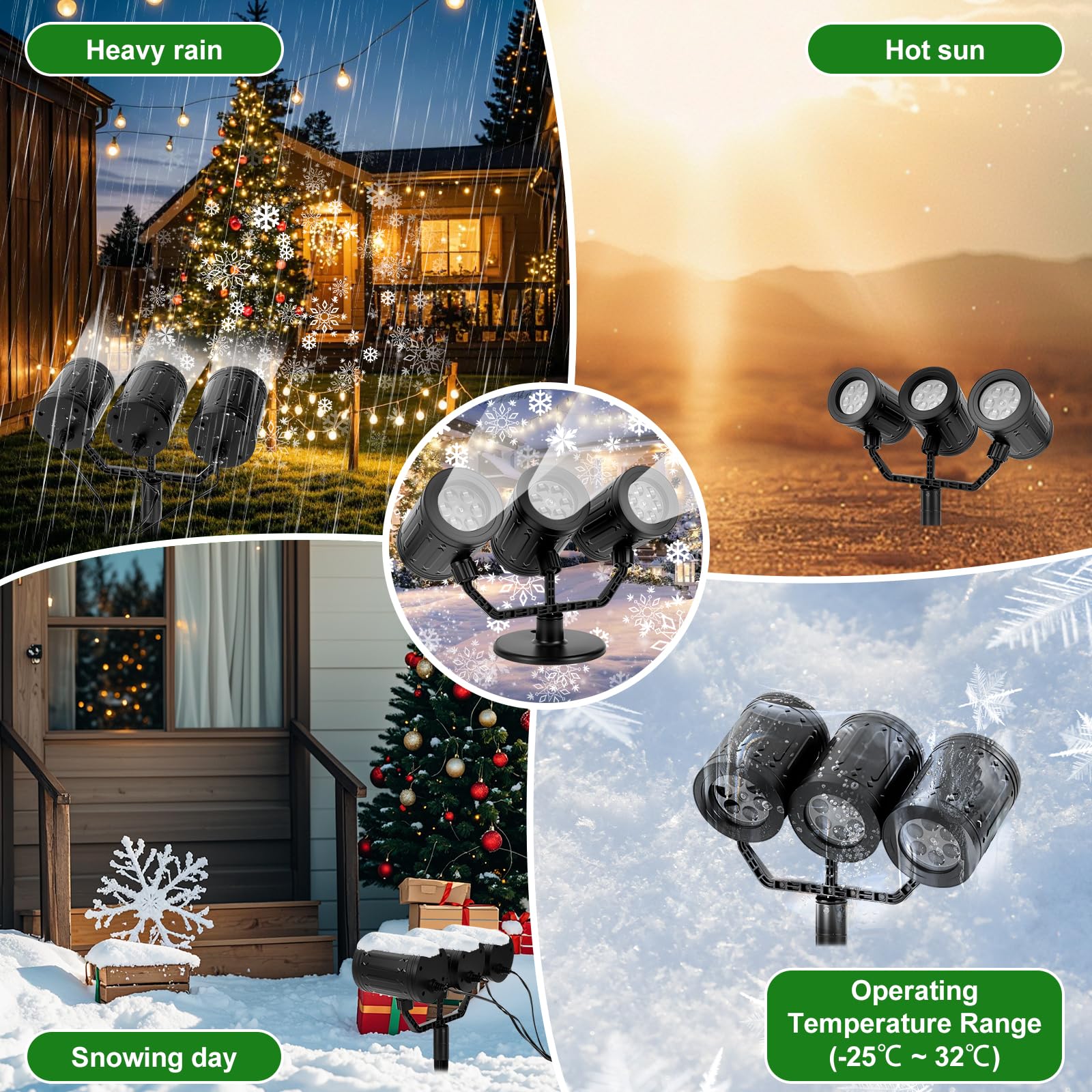 Charmofun Proiettore Natale Esterno, tre teste dinamica LED fiocchi di neve proiettore con Timer, Impermeabile Illuminazione natalizia Decorazioni esterna per giardino finestra parete (Snow)