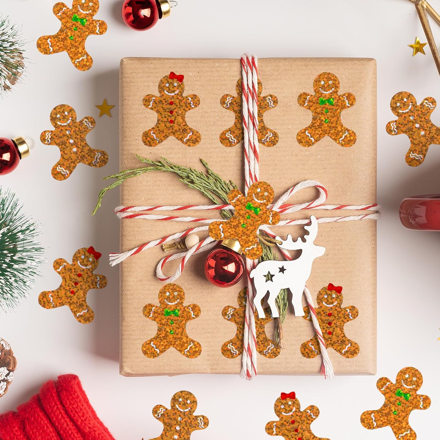 Whaline Christmas Sparkly Stickers Roll Gingerbread Man Holographic Seal Stickers Xmas Cartoon Waterproof Self-Adhesive Decals for Envelope Journal Decor Party Supplies, 500Pcs - Image 6