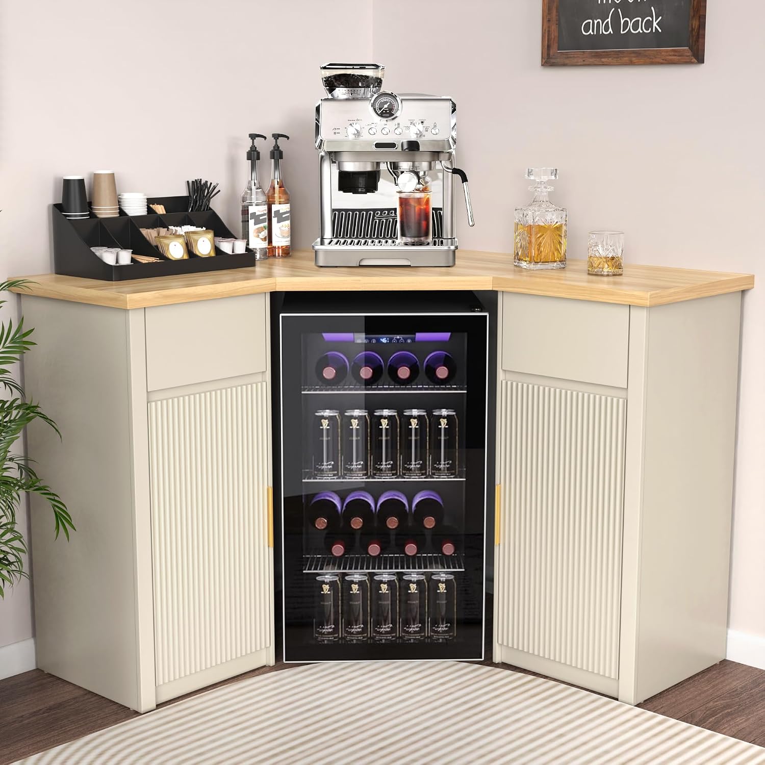 GDLF Corner Coffee Bar with Fridge Space, L Shaped Liquor Cabinet,Off-White