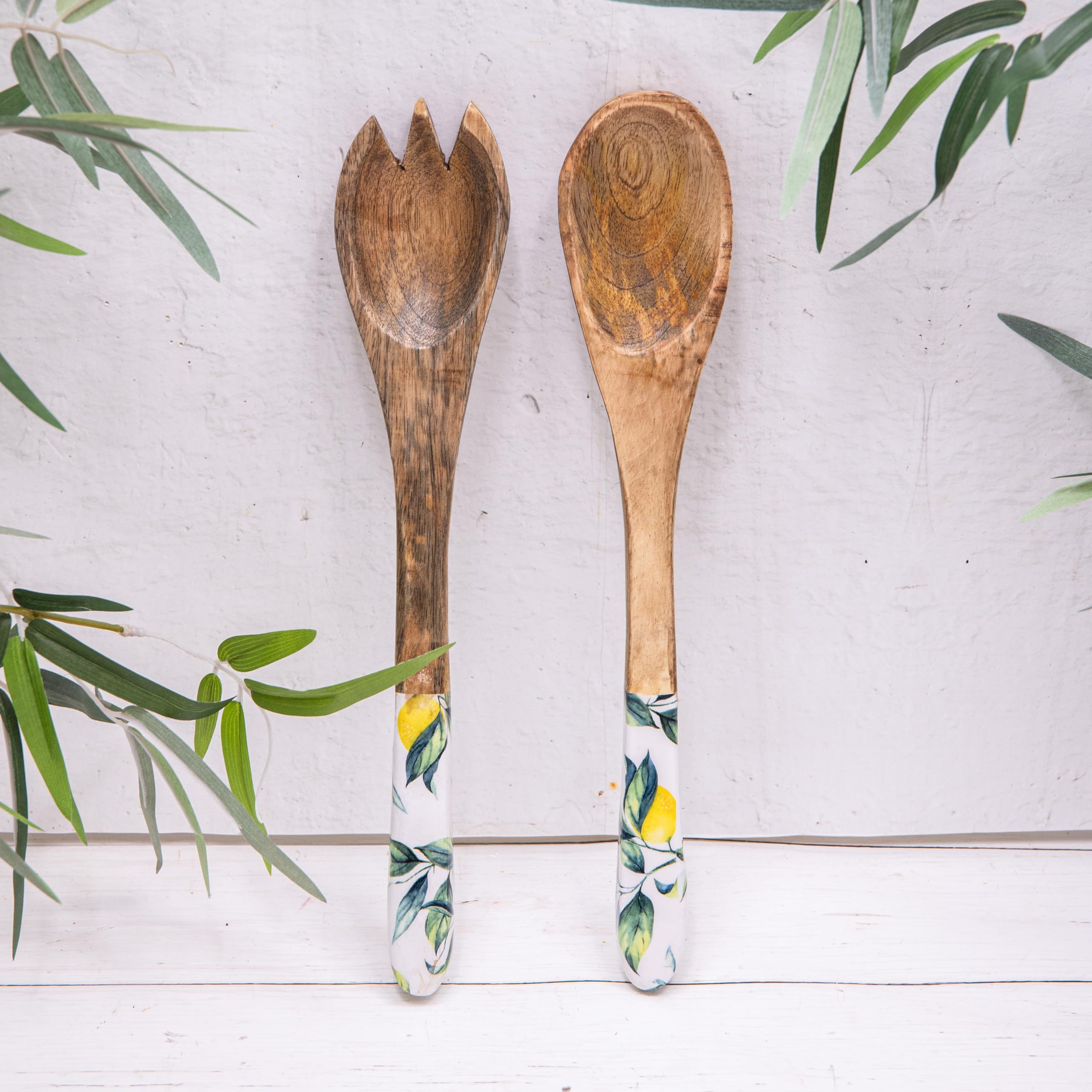 Mango Wood Enamelled Lemon Handles Salad Serving Spoon & Fork Set