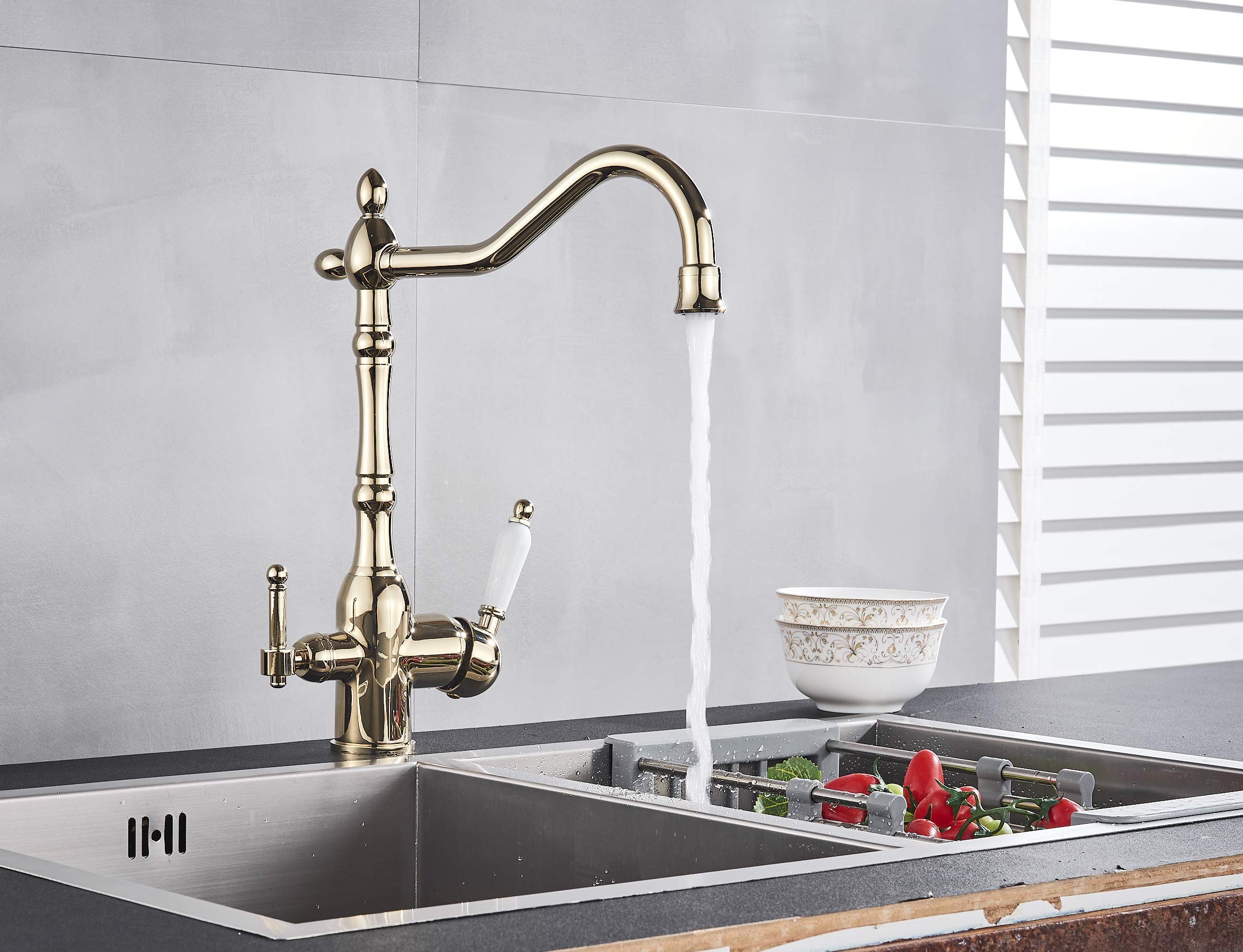 Grifos de Cocina Grifo con Filtro de Agua de 3 vías, Doble manija de latón Antiguo Macizo, Grifo ClassiKitchen, caño Giratorio de 360 ​​Grados, para Cocina Familiar, (Antiguo)