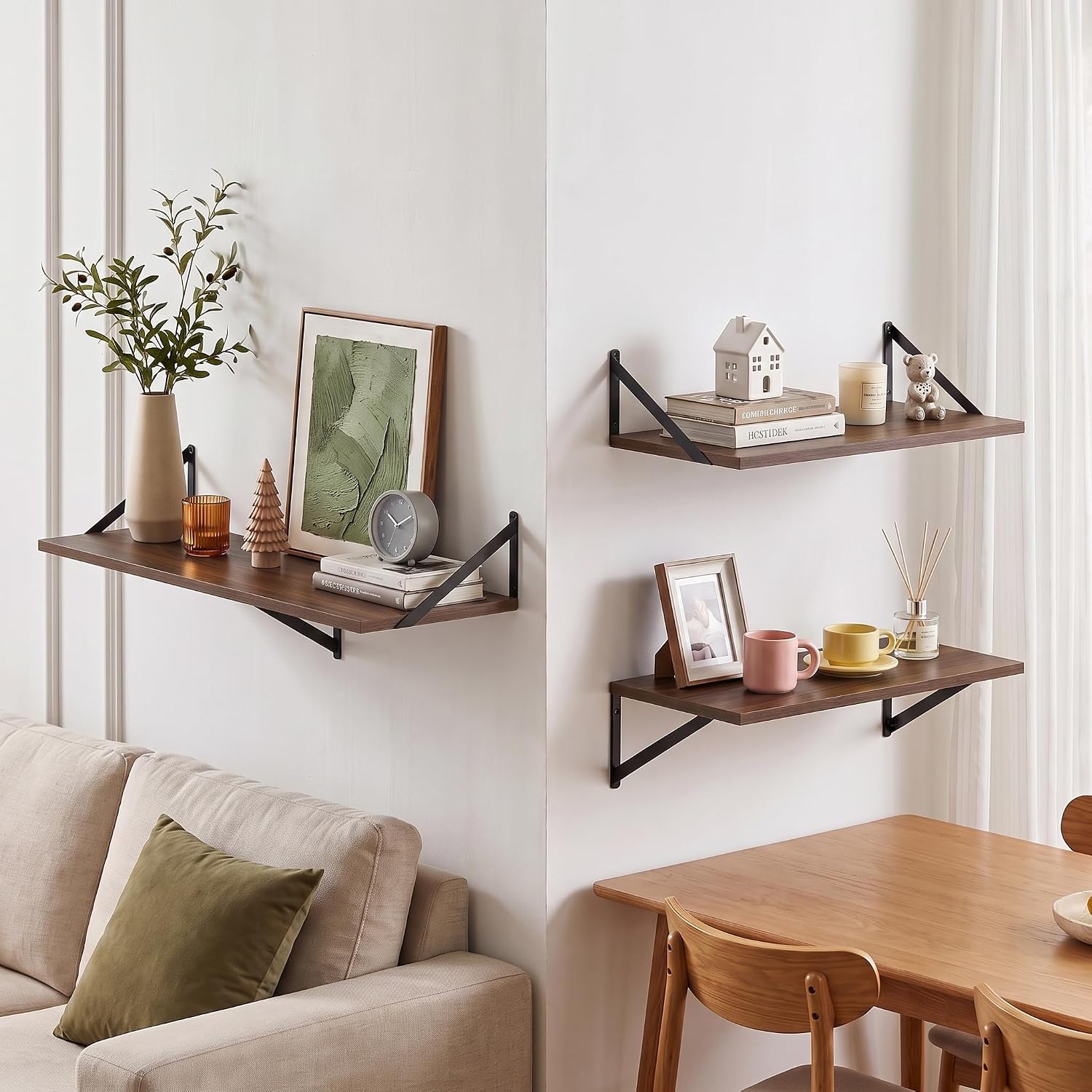 Vivelove 16" x 12" Deep Floating Shelves Set of 2, Rustic Wide Wall Mounted Display Racks for Living Room, Kitchen, Bedroom, Books, Plants & Collectibles, Easy Install with Hardware - Walnet image 2