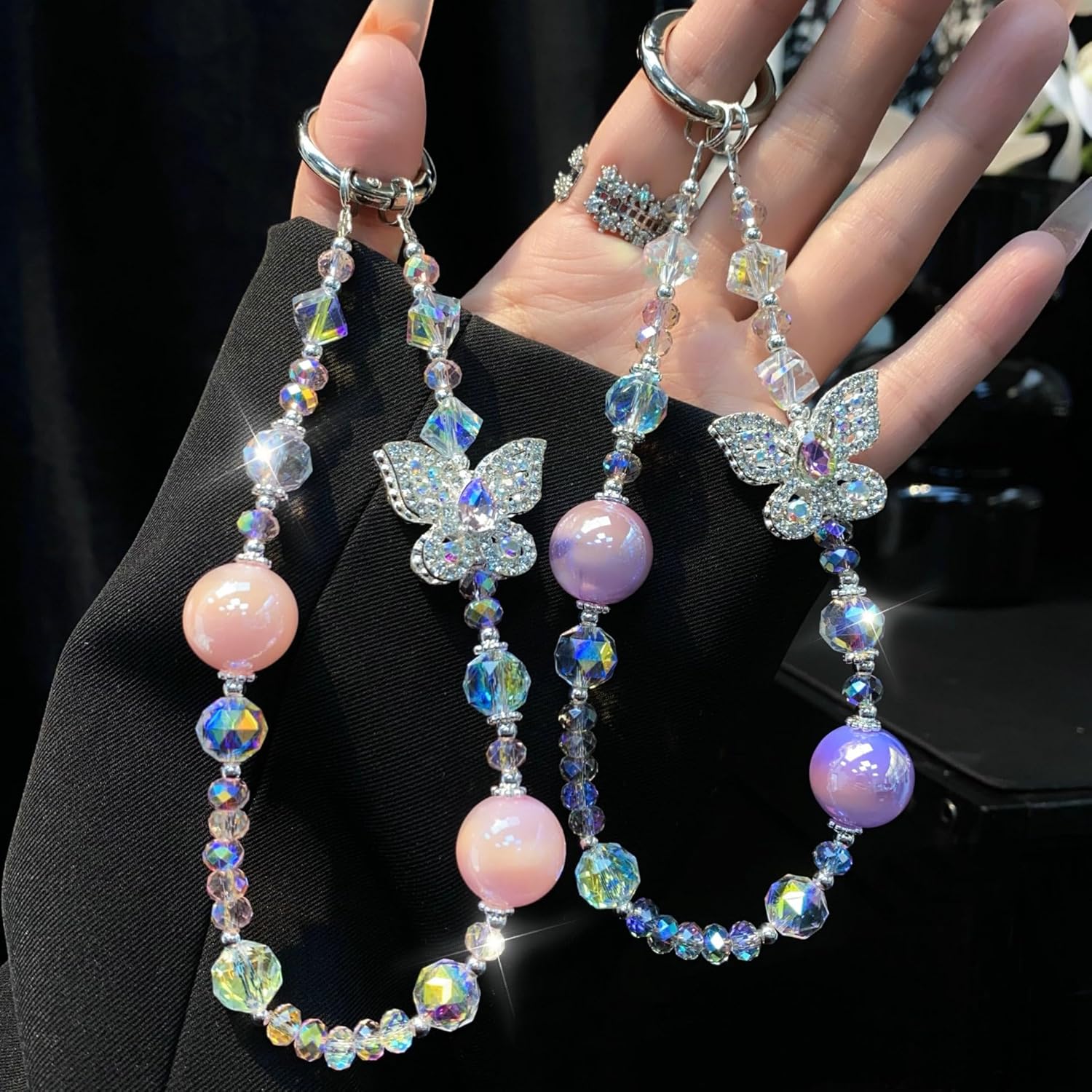 Crystal Butterfly Phone Charm, Pink Pearl Beaded Lanyard, Bling Shiny Wrist Strap Keychain for Purse Bags Car keys Earphones - Image 9