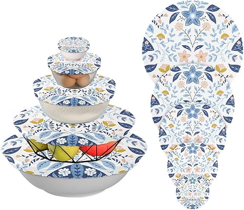 Fundas elásticas reutilizables para tazones, 5 piezas, flores populares y polillas para almacenamiento de alimentos, cubiertas elásticas, cubiertas