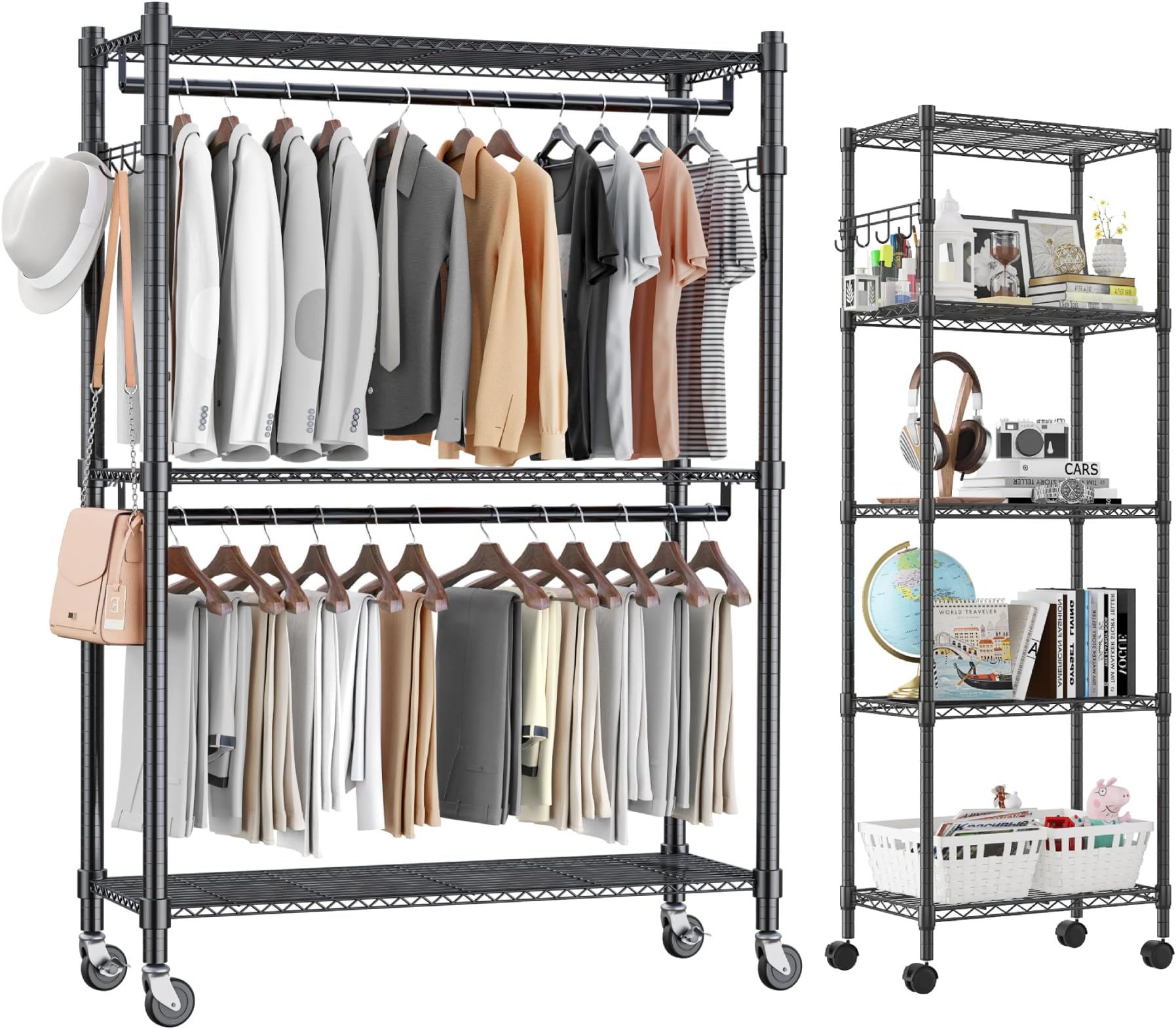 Homdox Heavy Duty Rolling Garment Rack with Double Rods and