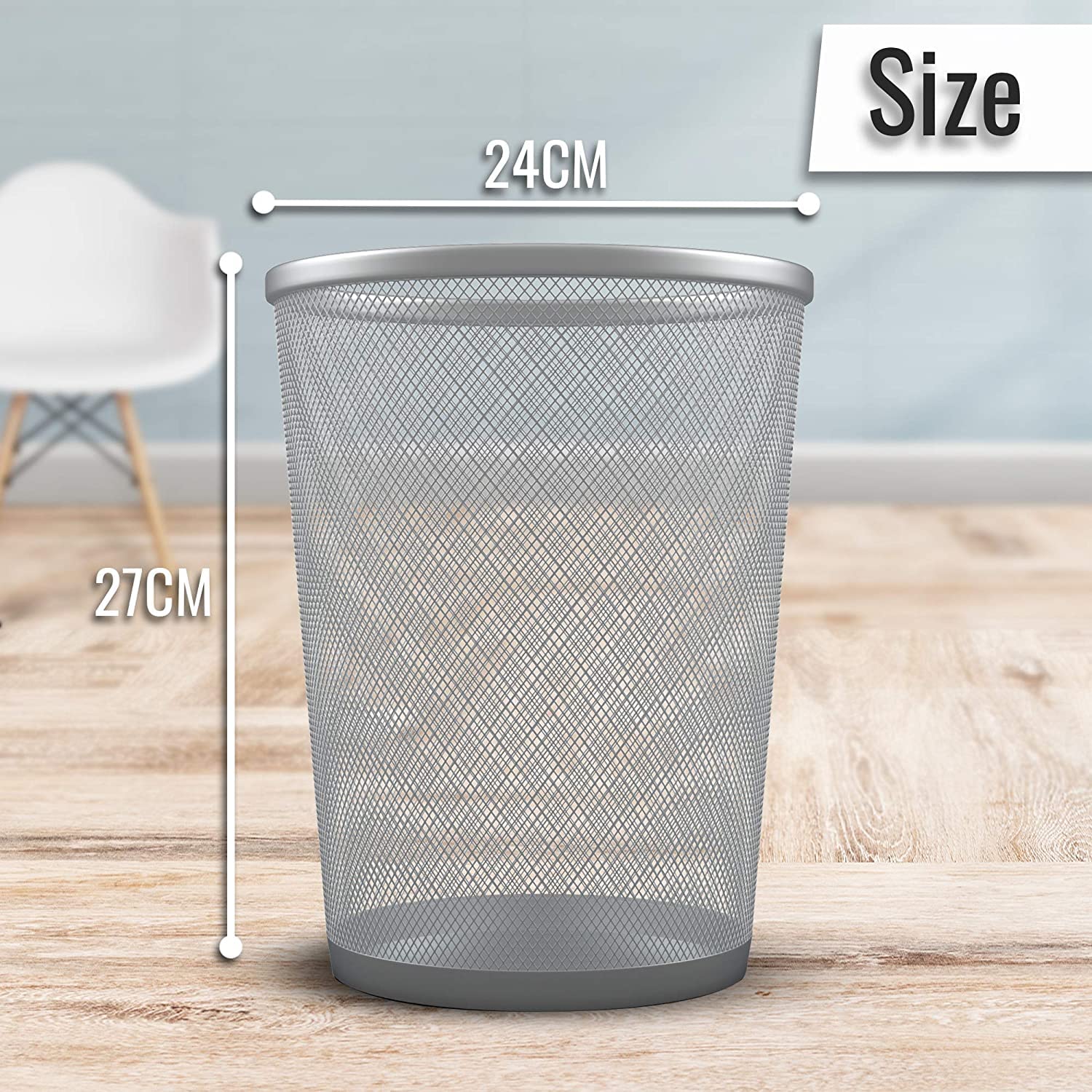 Zuvo Circular Mesh Waste Paper Bin | Lightweight Waste Basket Garbage Can | Metal Trash Bin Ideal for Kitchen Home Office Bin Dorm Room Living Room Desk Bedroom. (1 Silver) (27 X 24 cm)