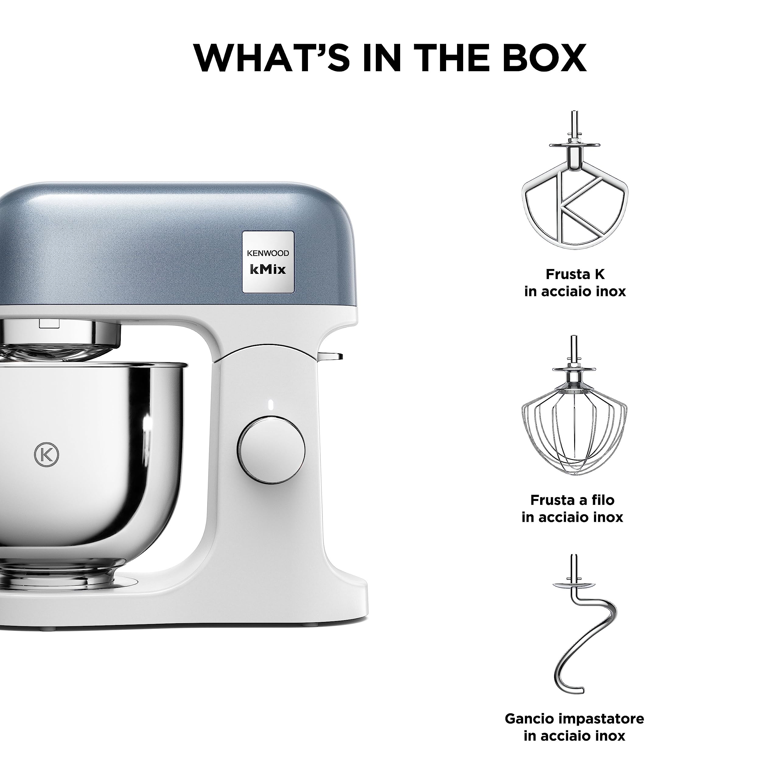 Kenwood KMX760BL KMIX Impastatrice Planetaria con Ciotola con manico in Acciaio da 5L, 3 Ganci di Miscelazione, Potenza 1000W, Personalizzabile con oltre 20 Accessori Acquistabili Separatamente, Blu
