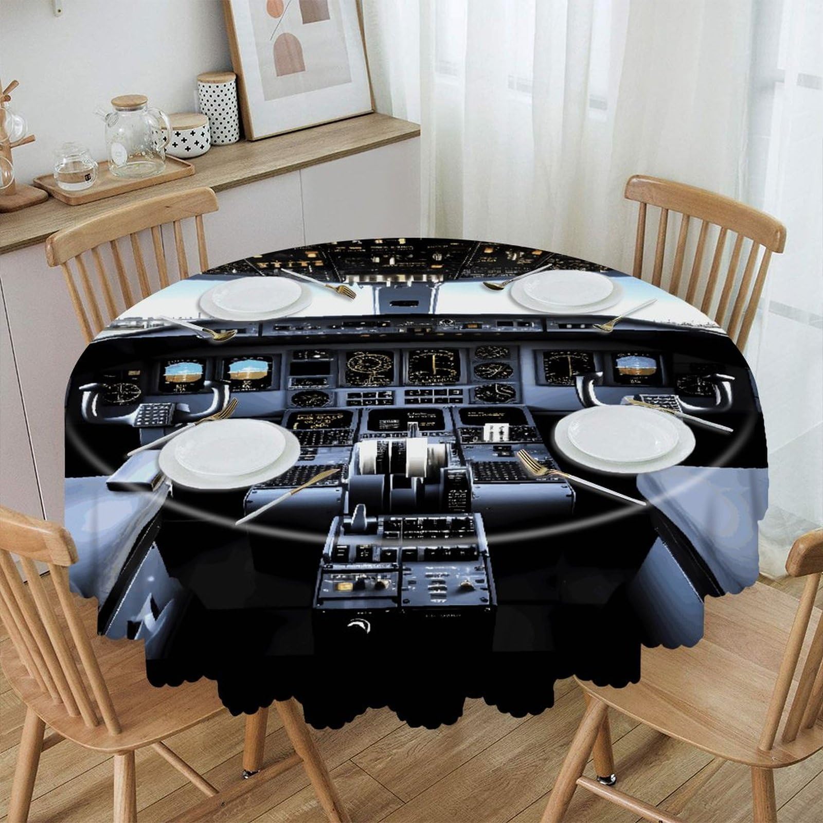 VstaDank 60 Inch Round Airplane Cockpit Tablecloth Polyester Waterproof Wrinkle Free Table Cloth Spillproof Washable Table Cover Colorful Tablecover Decor for Home Kitchen Dining Party