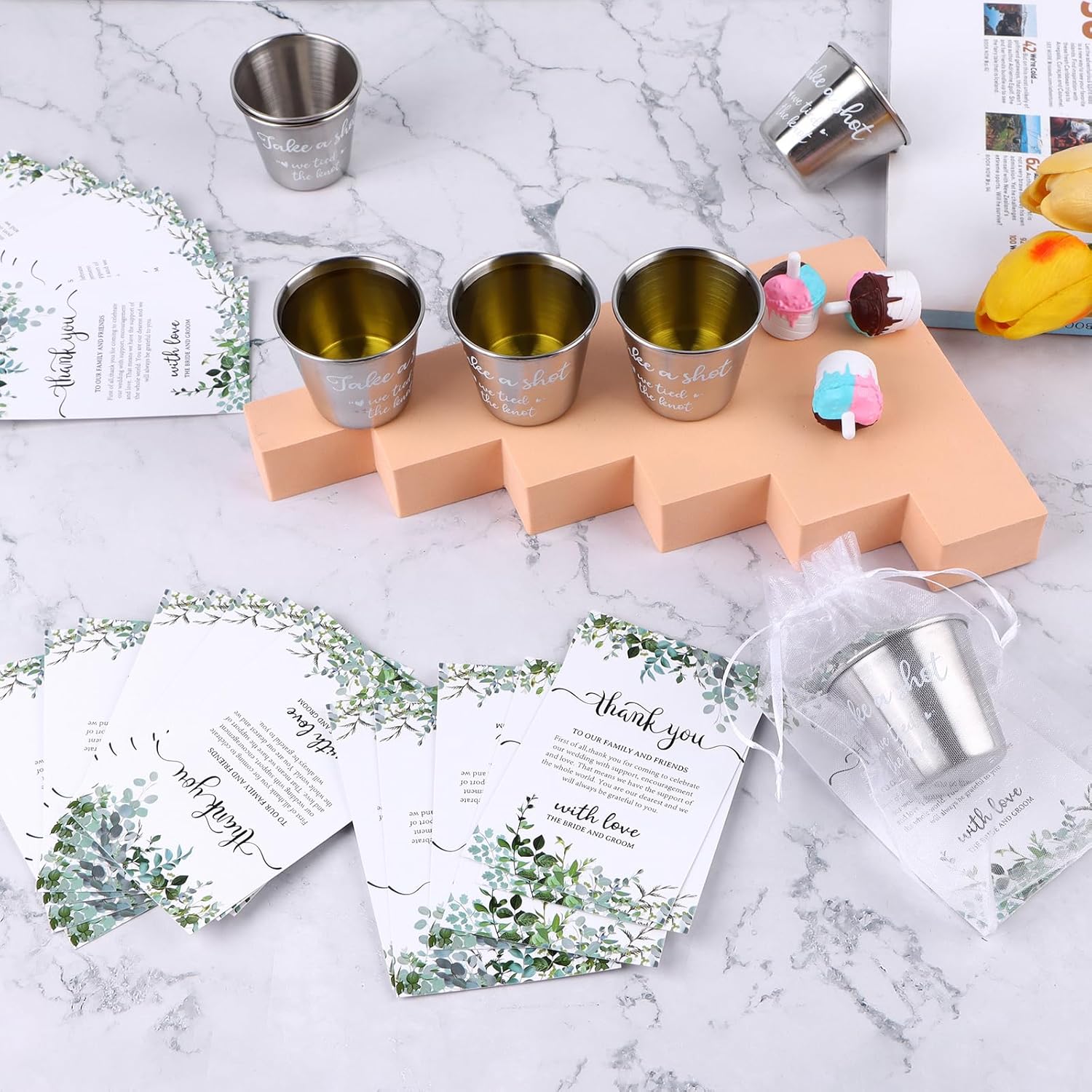 100 Set Wedding Favors for Guests Bulk Includes 1.5 oz Stainless Steel Shot Glasses, Thank You Cards with Organza Bags for Guest wedding Favors Set for Wedding Newlyweds Bridal Shower Gifts