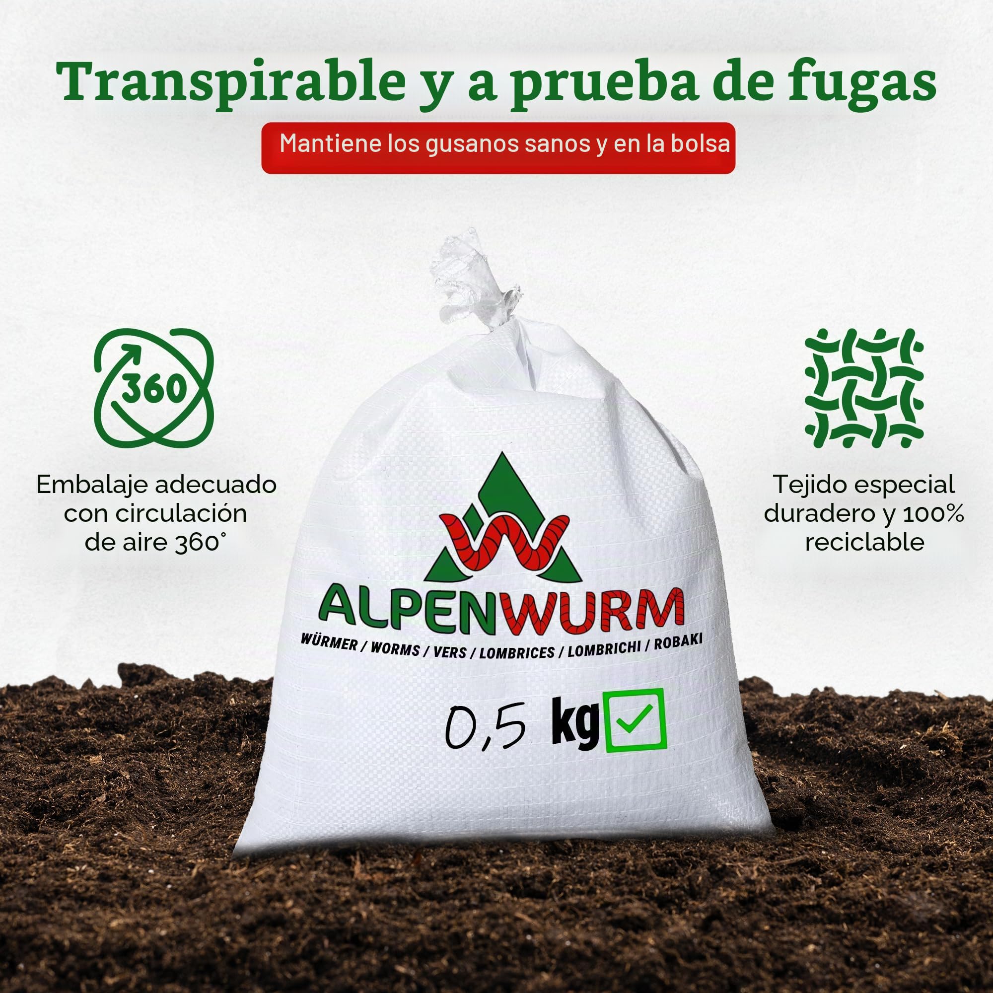 0,5 kg de gusanos compostables (aprox. 500 unidades)