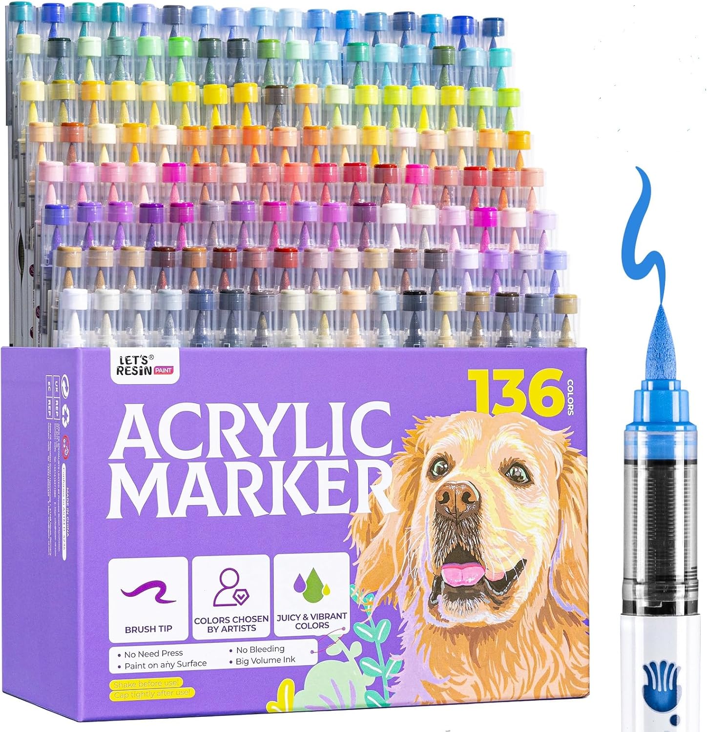 LET'S RESIN 136 Colors Acrylic Paint Markers Direct Liquid,Brush Tip Acrylic Paint Pens for Coloring,Water-Based Acrylic Markers for Drawing,Painting,Canvas,Art Supplies,Craft
