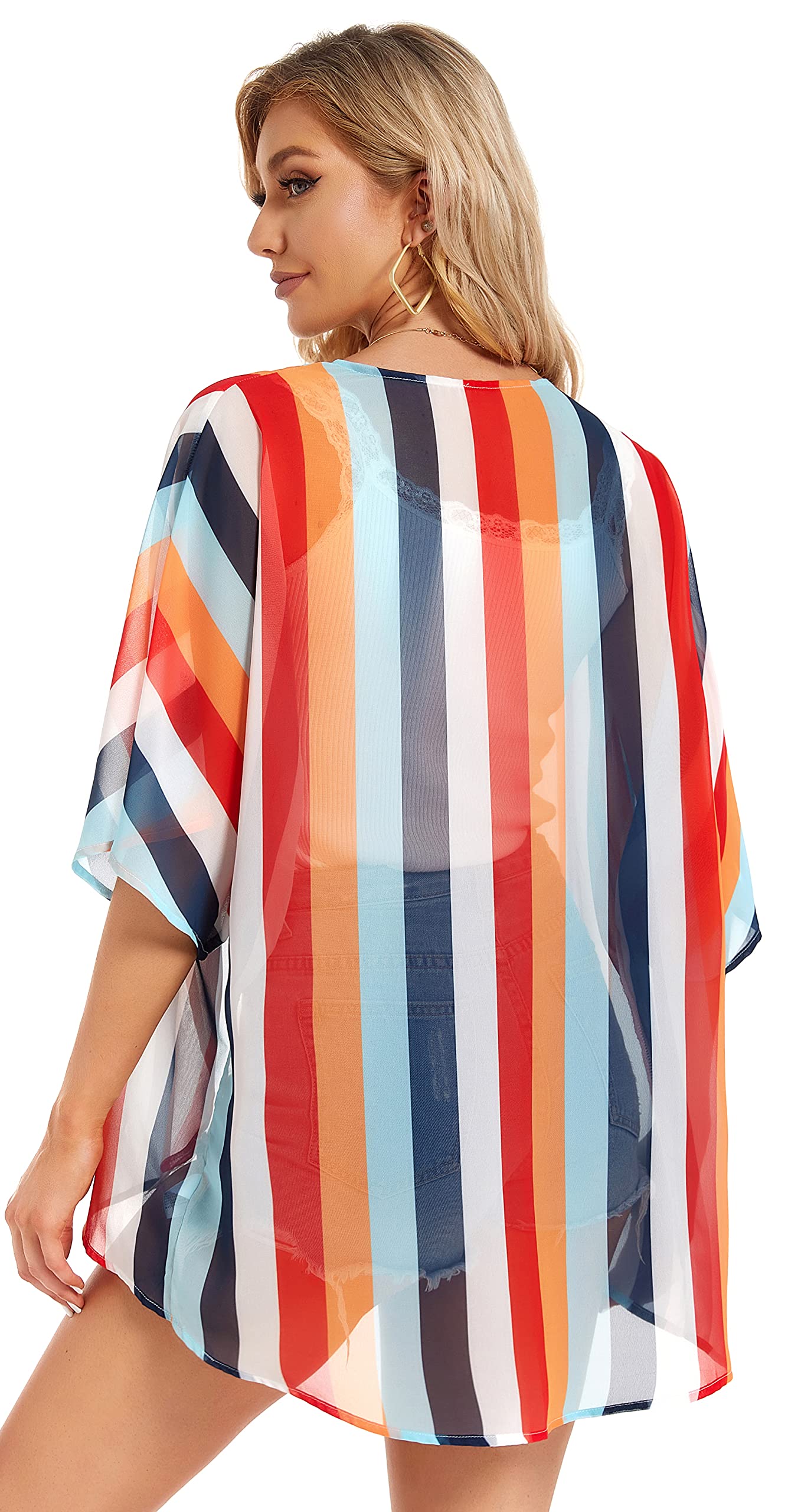 Damskie kimono, plażowe, szyfon, kardigan, kwiaty, topy, luźne peleryny, Niebieski / biały w paski, XL