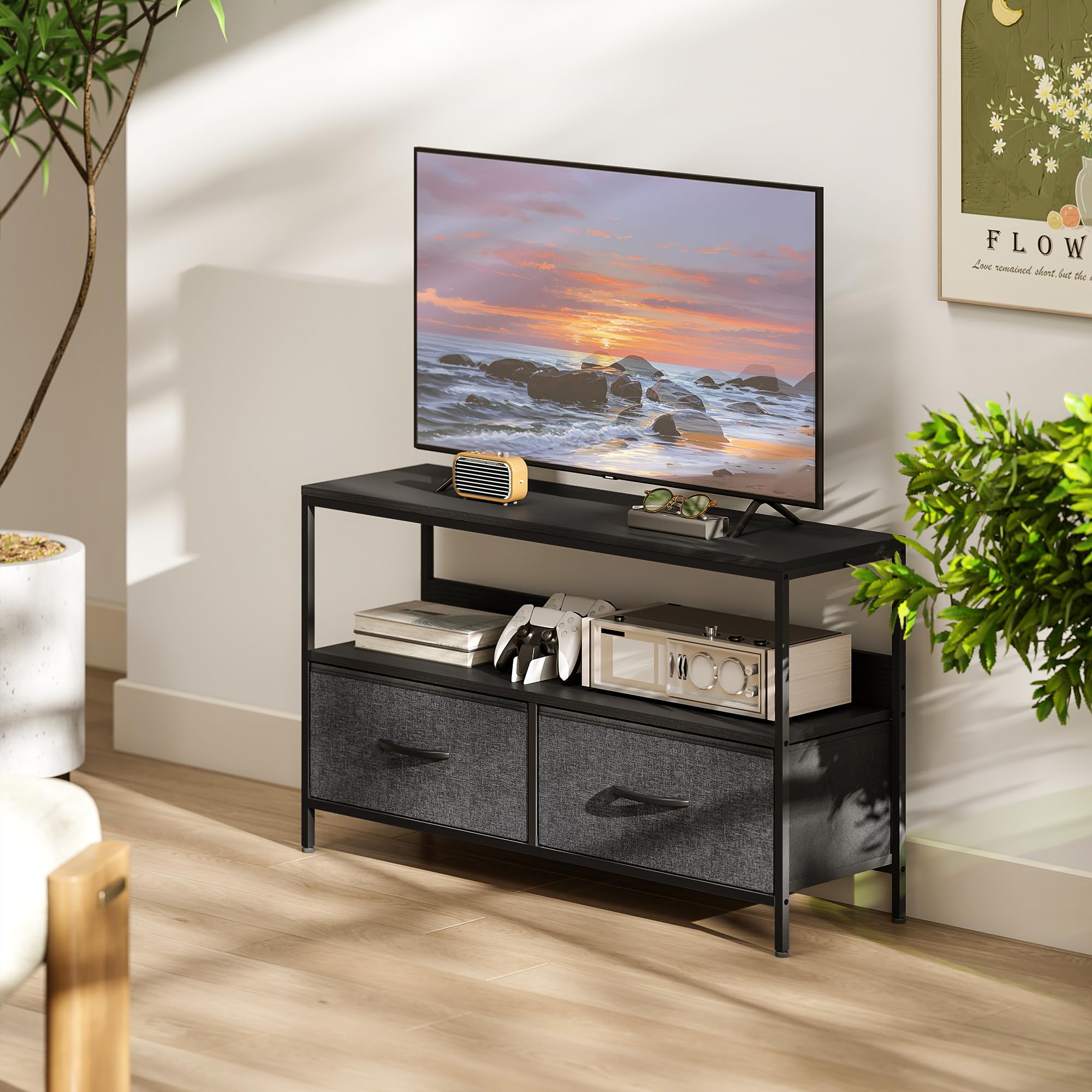 HOMCOM Mobile TV, Mobile Porta TV Fino a 47" con 2 Cassetti Pieghevoli in Tessuto e Mensola, Mobiletto per Televisore per Soggiorno, Camera da Letto e Salotto, 98x29x56 cm, Nero