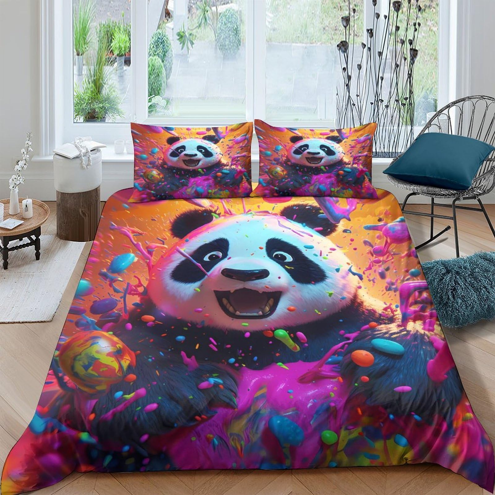 GPLZQXKJNH 3D Printed Colourful Panda Duvet Cover Set Microfiber Soft Breathable Cartoon Bedding with 2 Pillowcases for Bedroom Single（135x200cm）