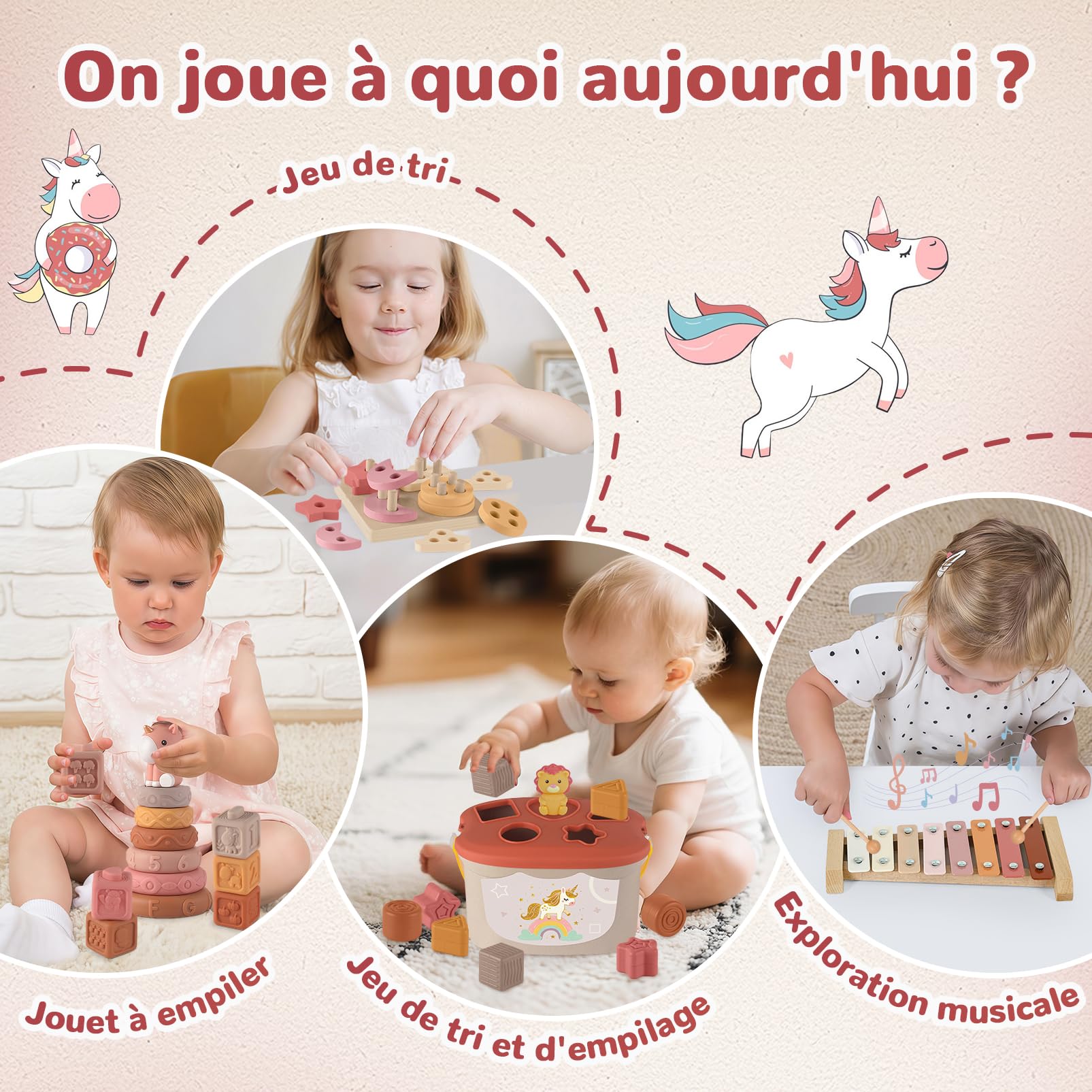 Jouet Bebe 6 Mois, 5-en-1 Jouet Montessori Bébé 6-12 Mois - Jeux d'eveil Bebe 6-12 Mois avec Xylophone en Bois, Cubes à Empiler et Trieur de Formes,Jouet Sensoriel Cadeau Bebe Éducatif