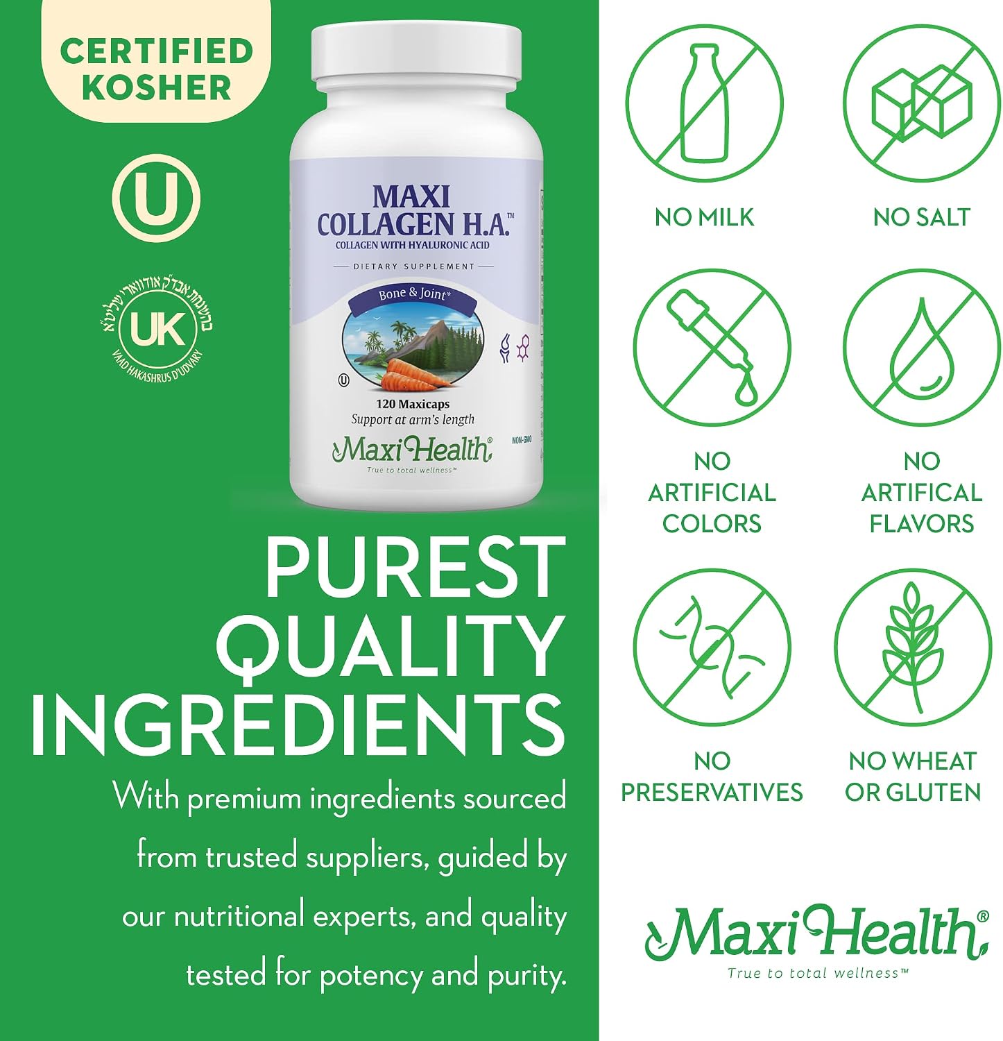 Maxi Health Collagen with Hyaluronic Acid Capsules - Type I Fish Collagen Protein - Hydrolyzed Supplements for Women and Men - 120 Count