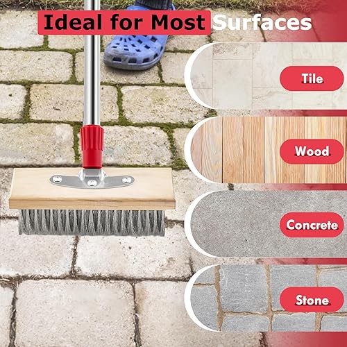 Miniatura 5 de Escoba de alambre para exteriores con mango largo, cerdas de metal rígidas, cepillo para limpiar musgo, manchas duras en concreto, lechada, jardín,